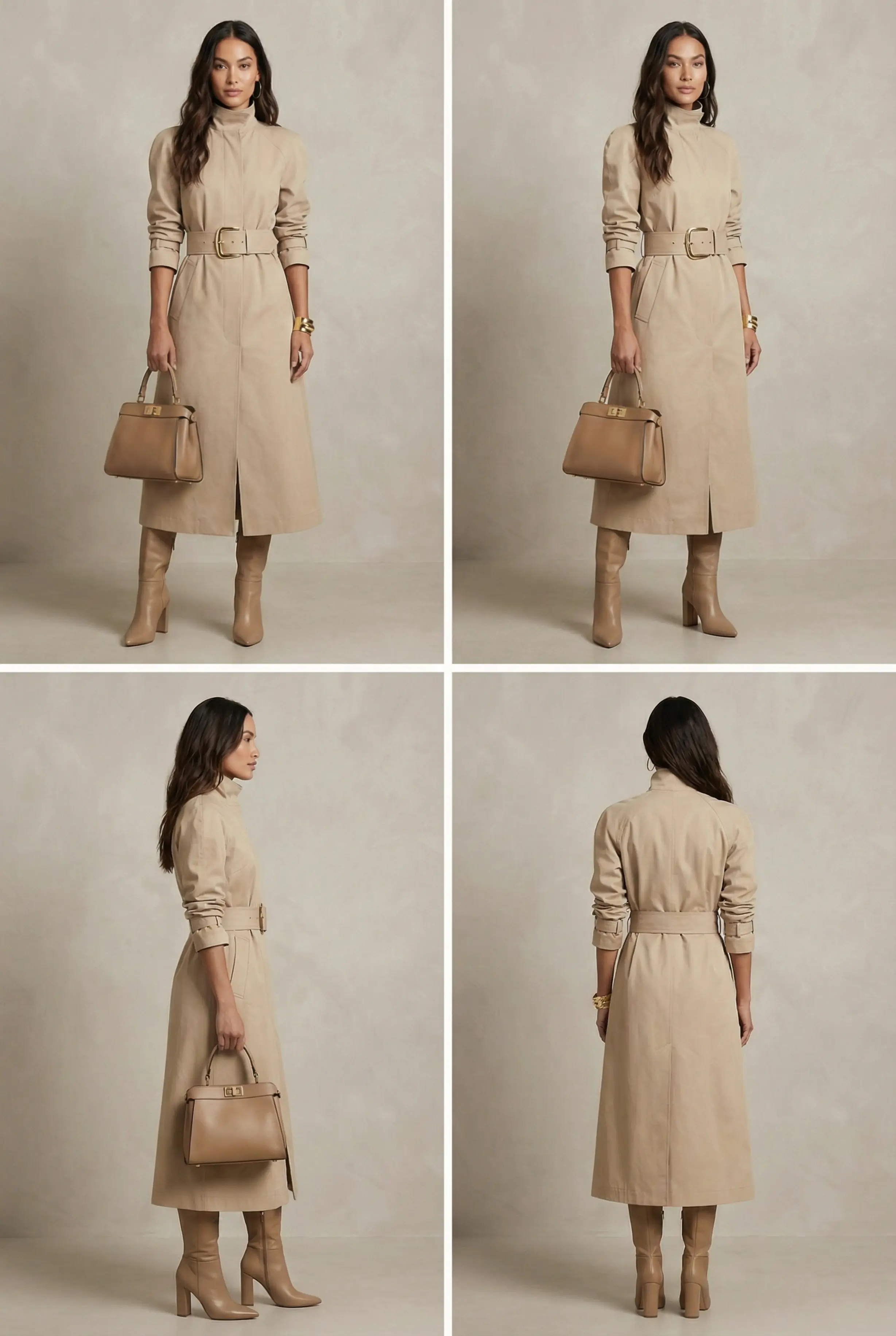 2x2 contact-sheet of the high-collar trench dress shown front, 3/4, side, and back on the same model.