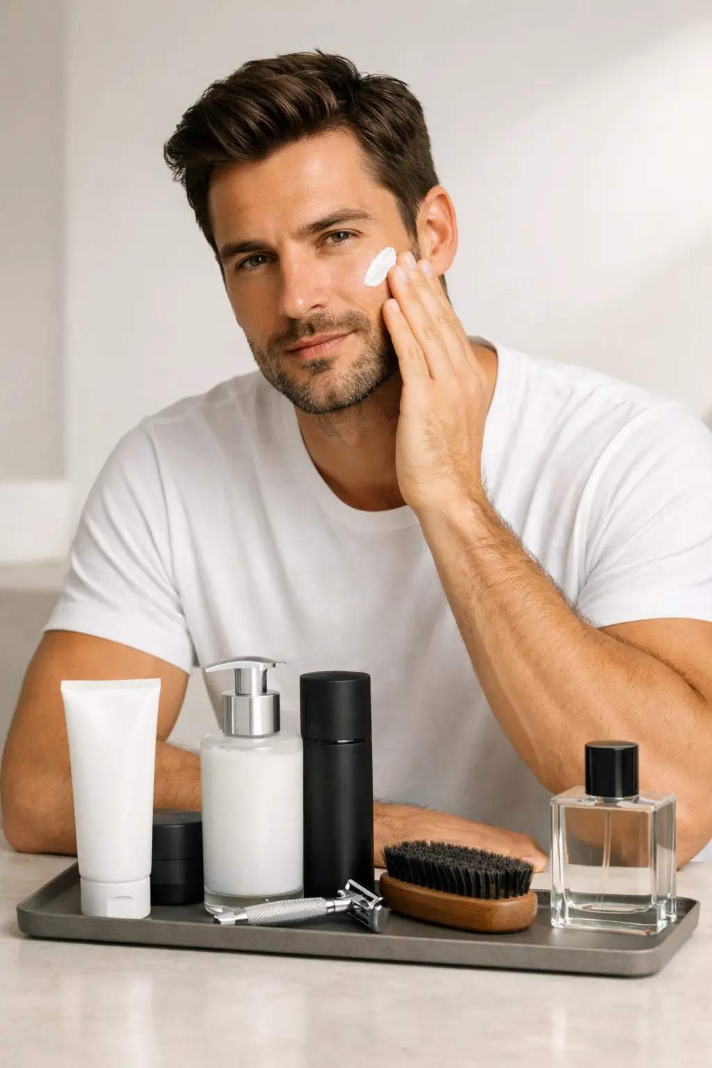 Man applying moisturizer at a minimal vanity with clean, unbranded grooming essentials for a daily men’s routine.