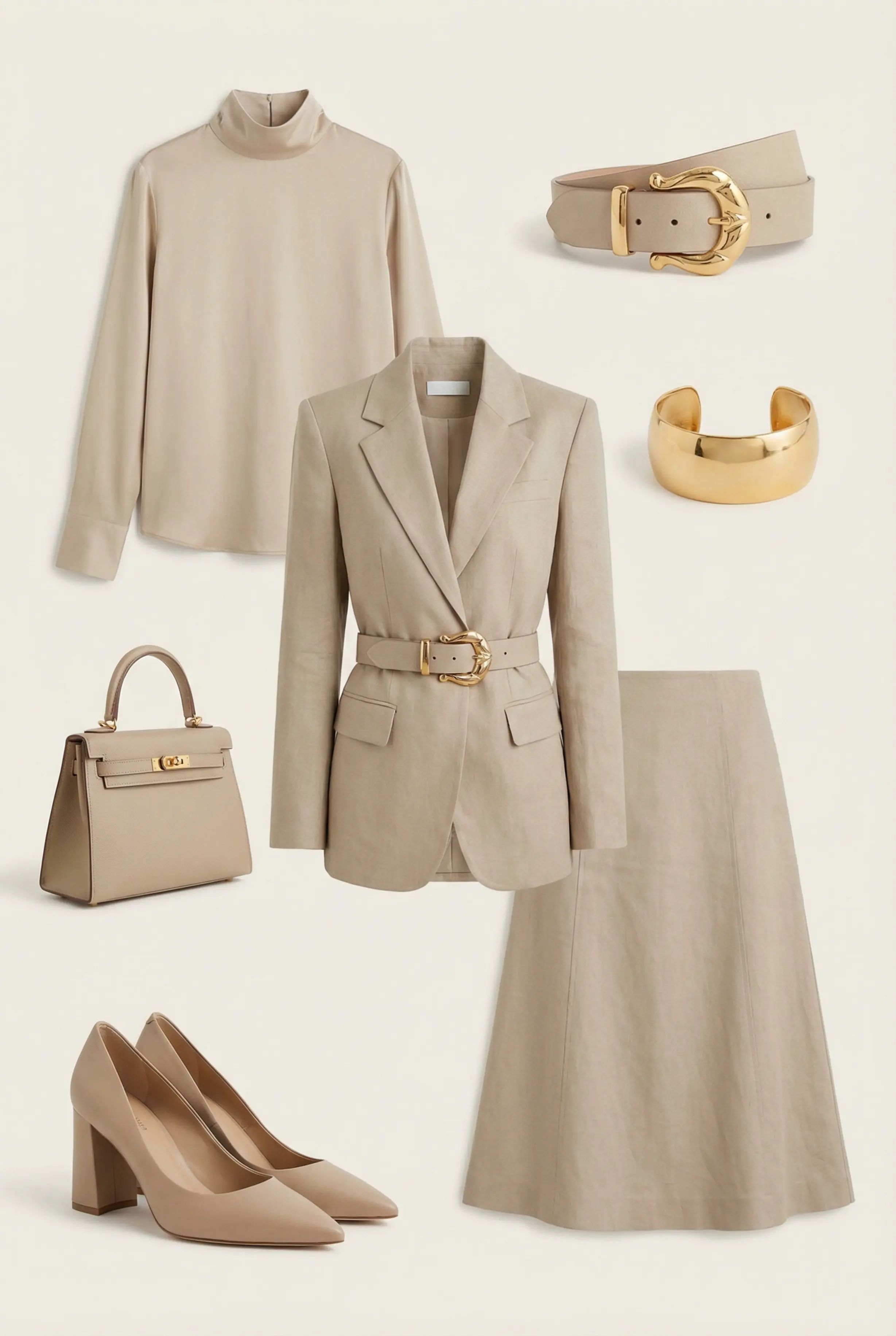 Vertical outfit grid showing blazer, blouse, skirt/trousers, shoes, bag and chunky gold belt in matching palette.