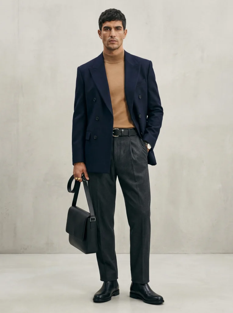 Full-body shot: man in sculpted double-breasted blazer, camel high-collar knit, charcoal trousers, chunky-buckle belt and Chelsea boots.