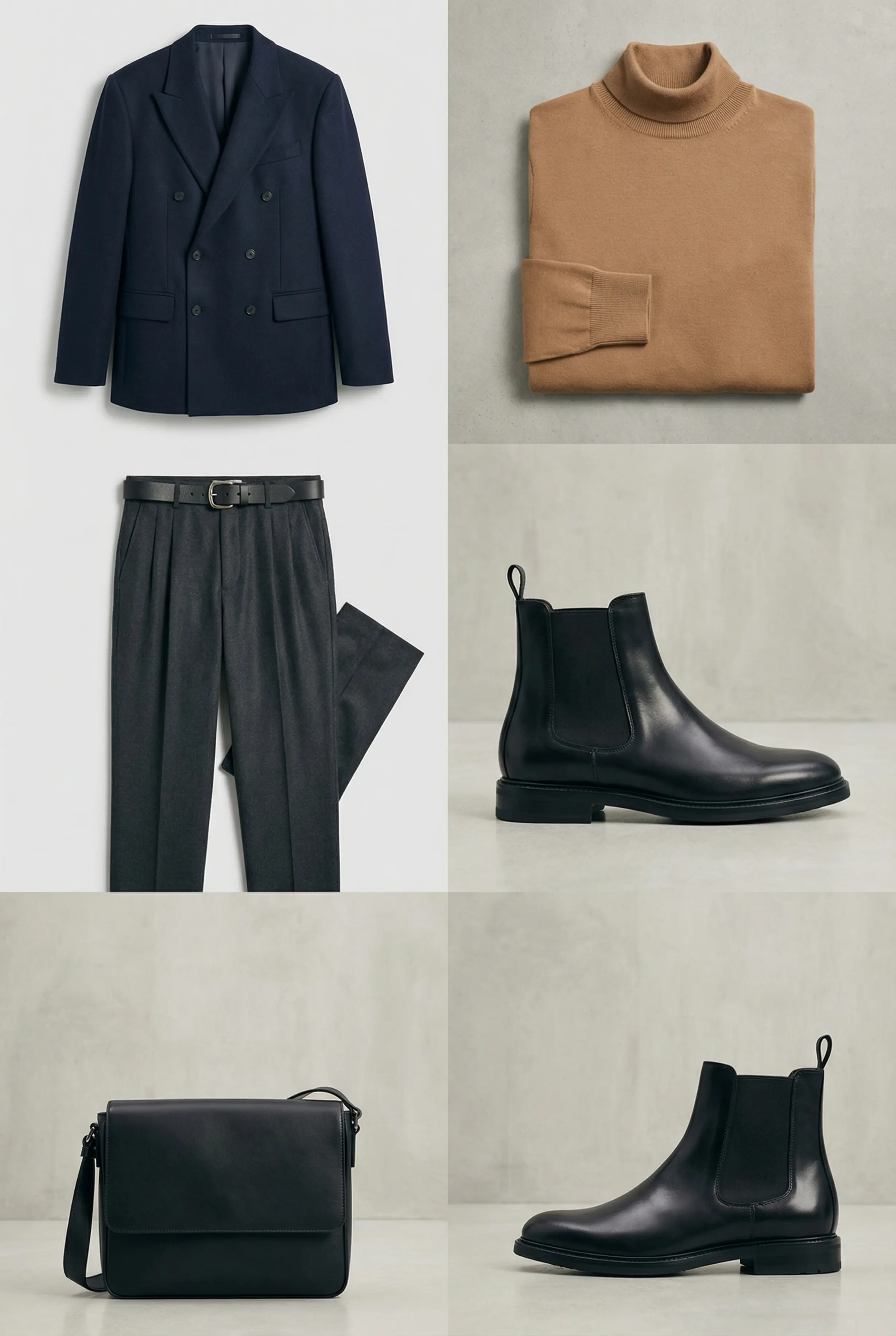 Outfit grid: blazer, high-collar knit, pleated trousers, chunky belt, Chelsea boots, messenger bag.