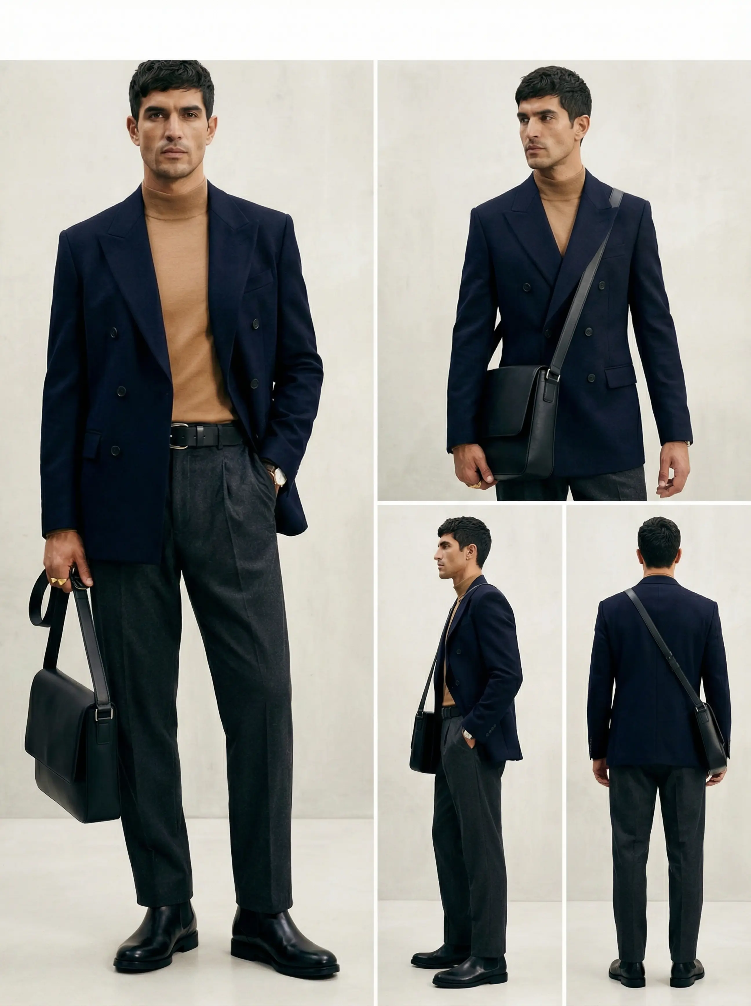 Four-panel contact sheet: front, three-quarter, side, back of the sculpted blazer outfit.