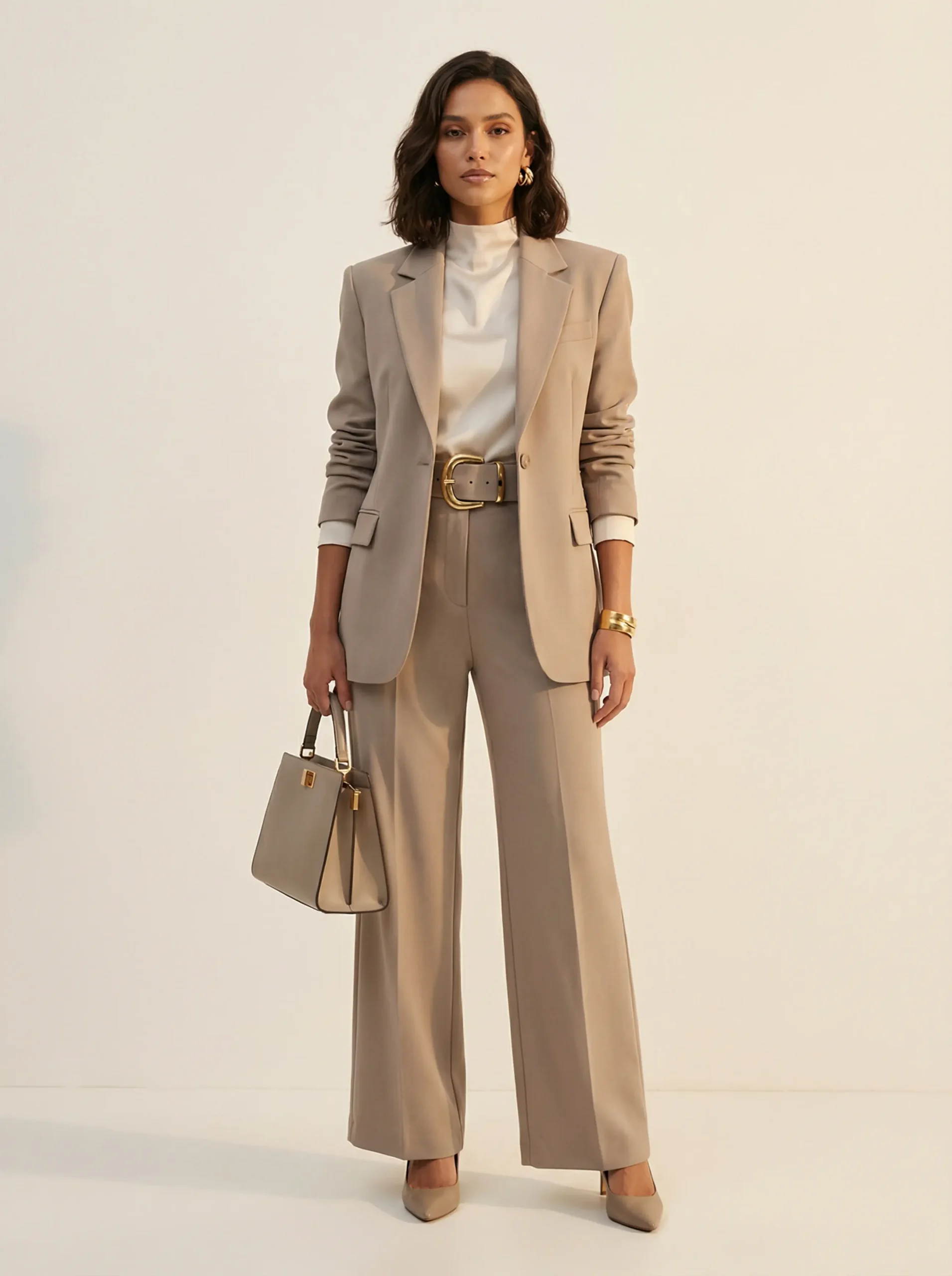 Full-body shot of a woman in a sculpted-shoulder suit cinched with a chunky gold belt, high-neck blouse and heels