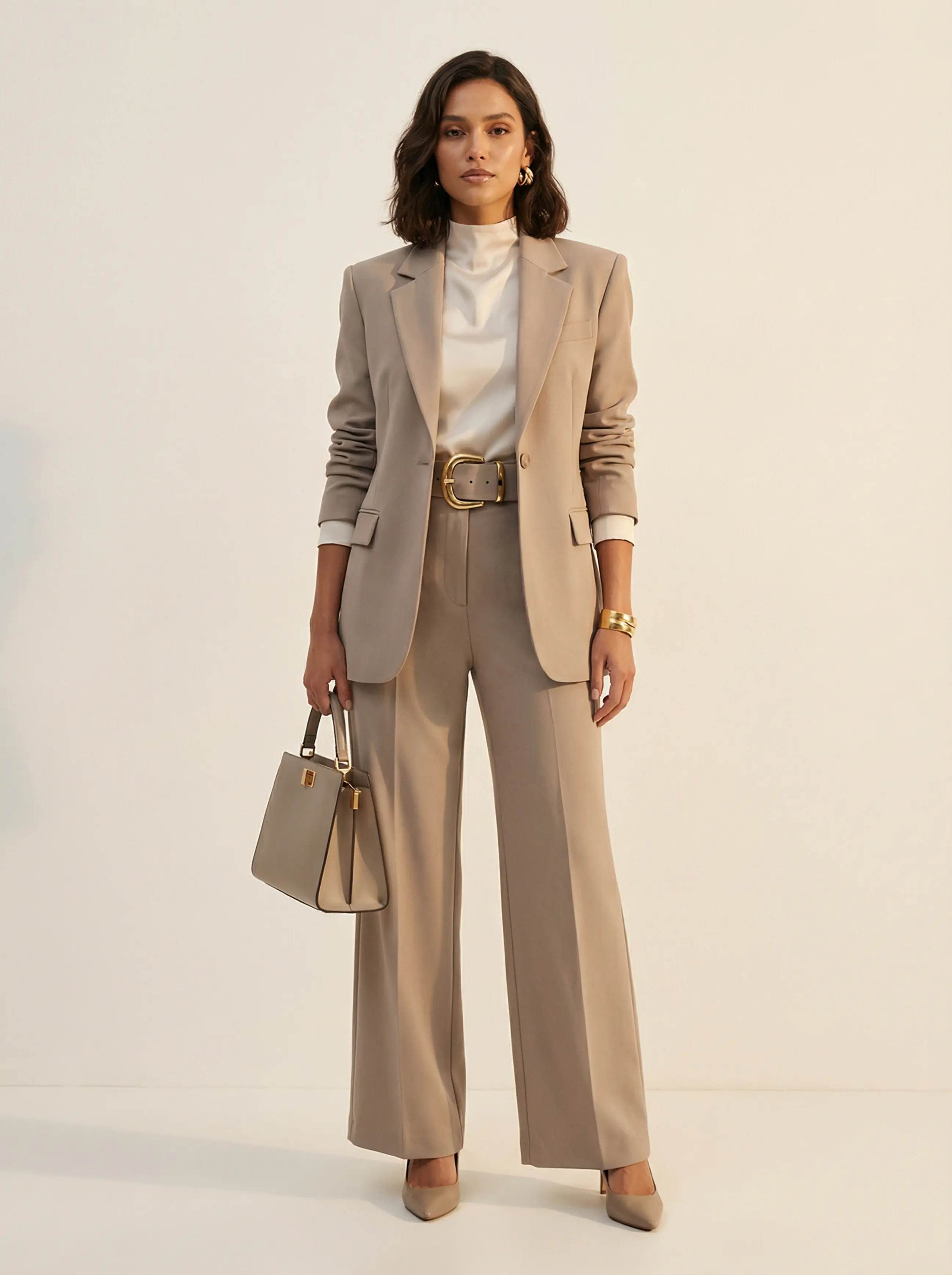 Full-body shot of a woman in a sculpted-shoulder suit cinched with a chunky gold belt, high-neck blouse and heels