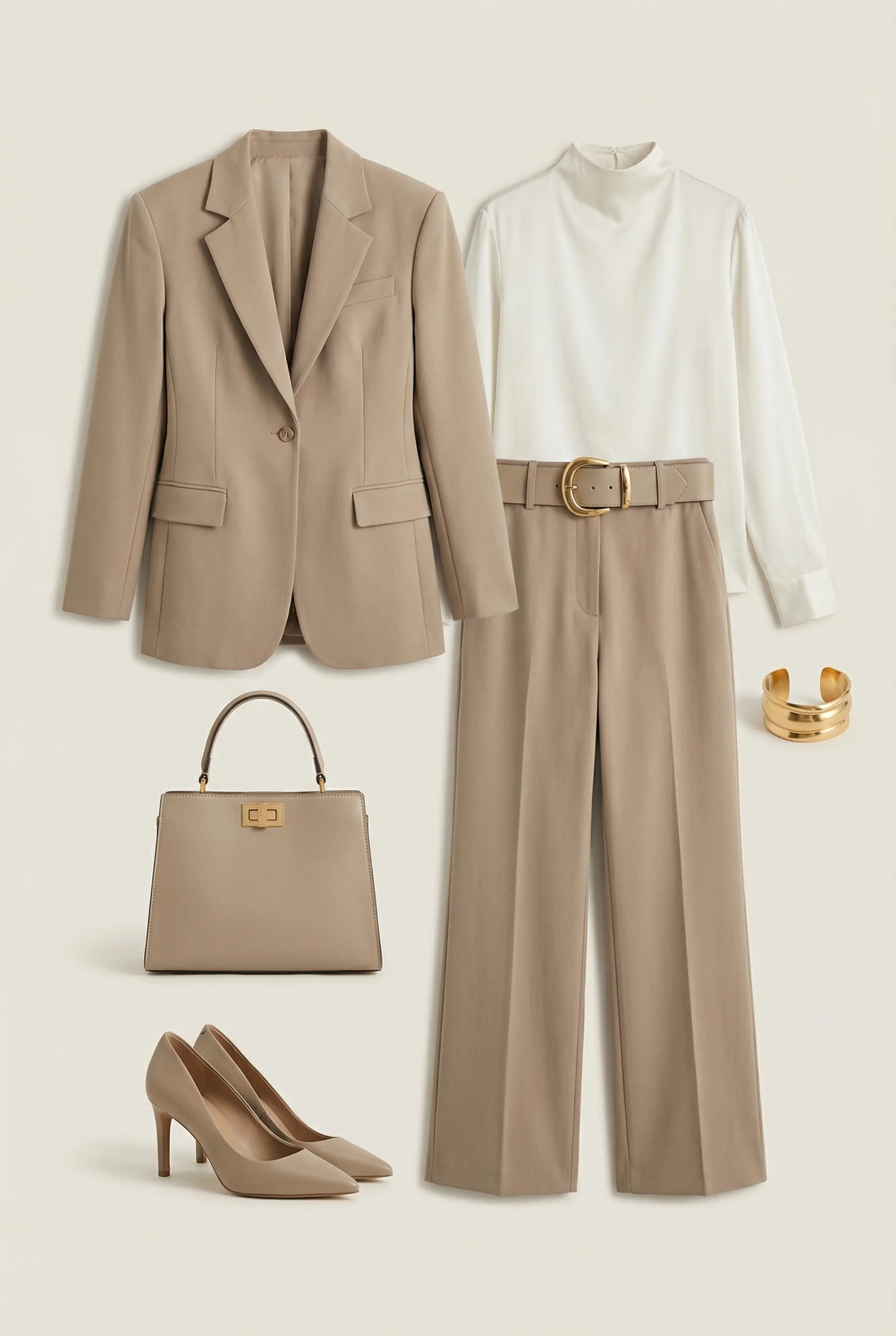 Outfit grid showing blazer, blouse, trousers, belt, shoes and bag for the sculpted-shoulder suit look