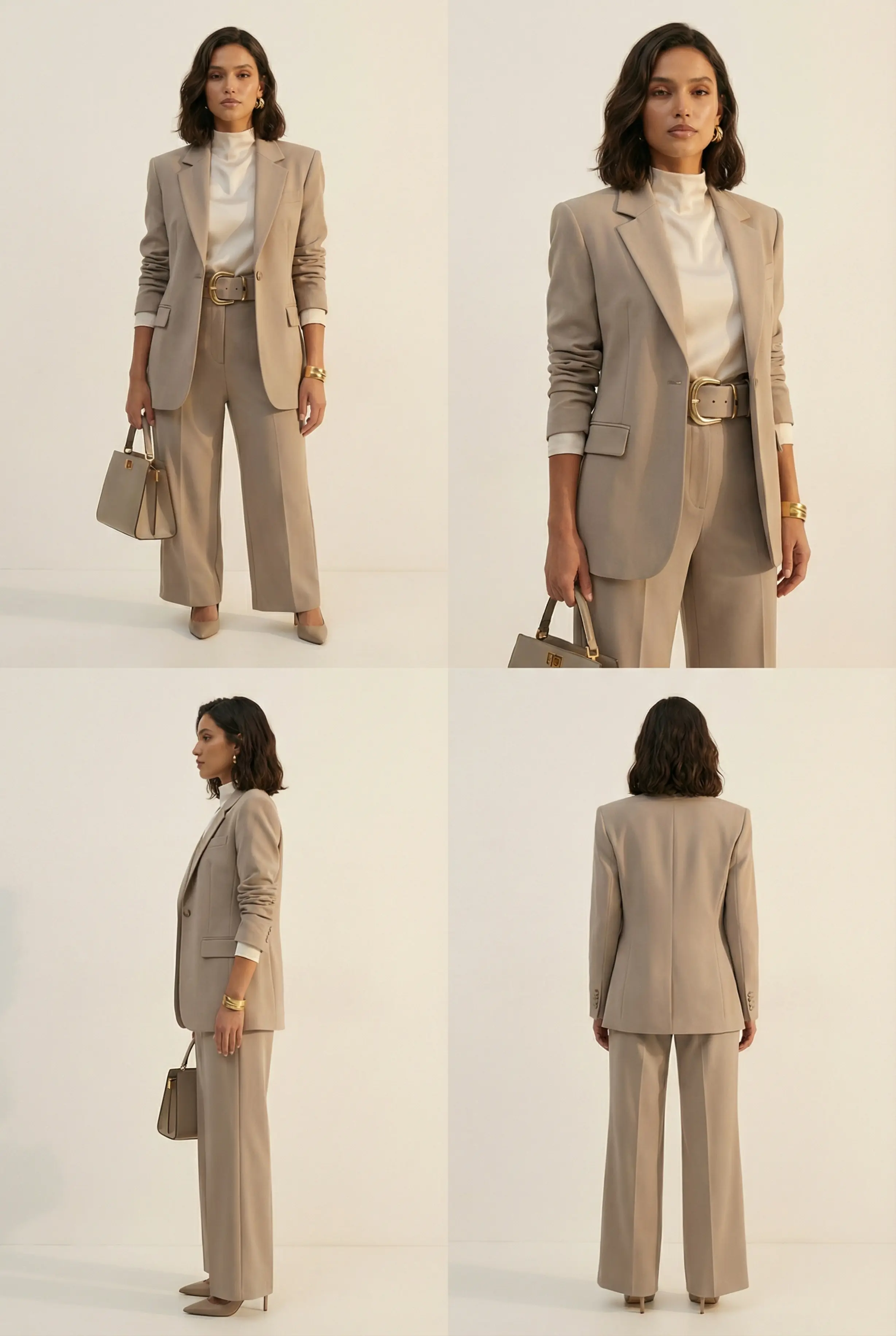 2x2 contact sheet: front, 3/4, side and back views of the sculpted-shoulder suit with chunky belt