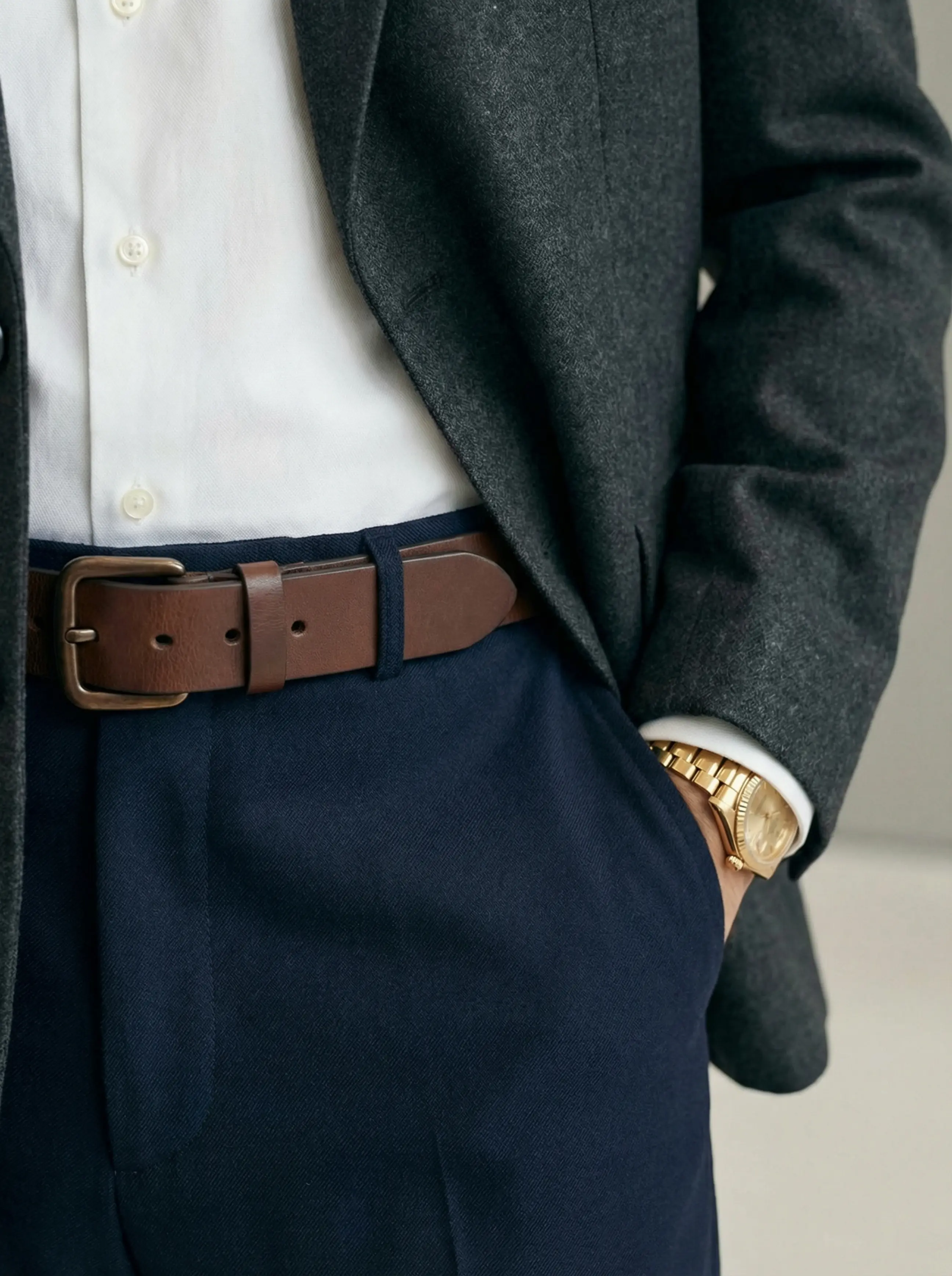 Macro shot of chunky leather belt buckle, wool lapel and gold watch cuff