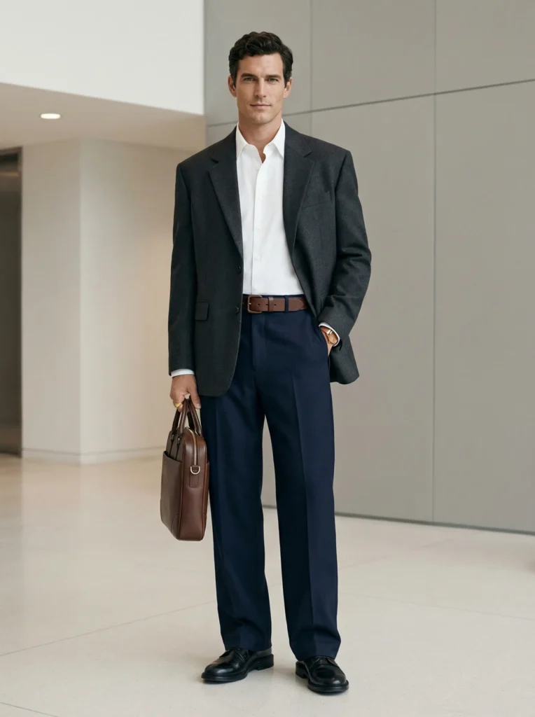Man in sculpted-shoulder blazer, wide trousers and chunky leather belt, holding structured briefcase