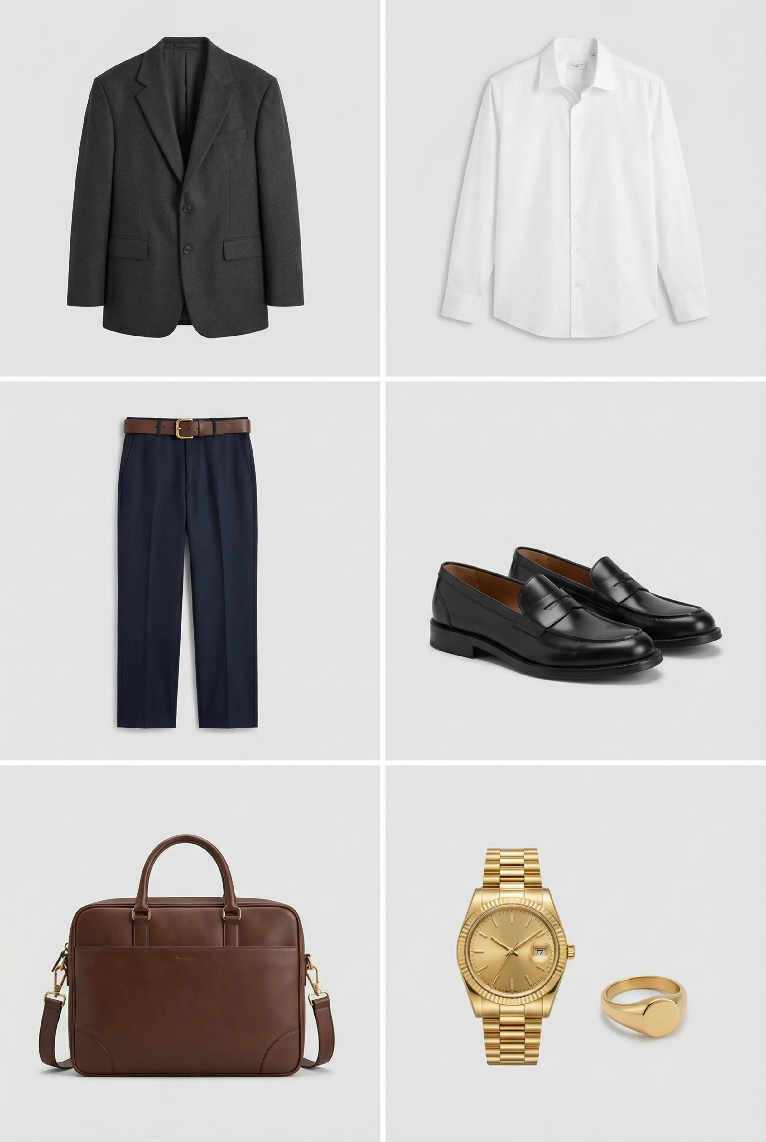 Outfit grid showing blazer, shirt, wide trousers, chunky belt, derbies and briefcase