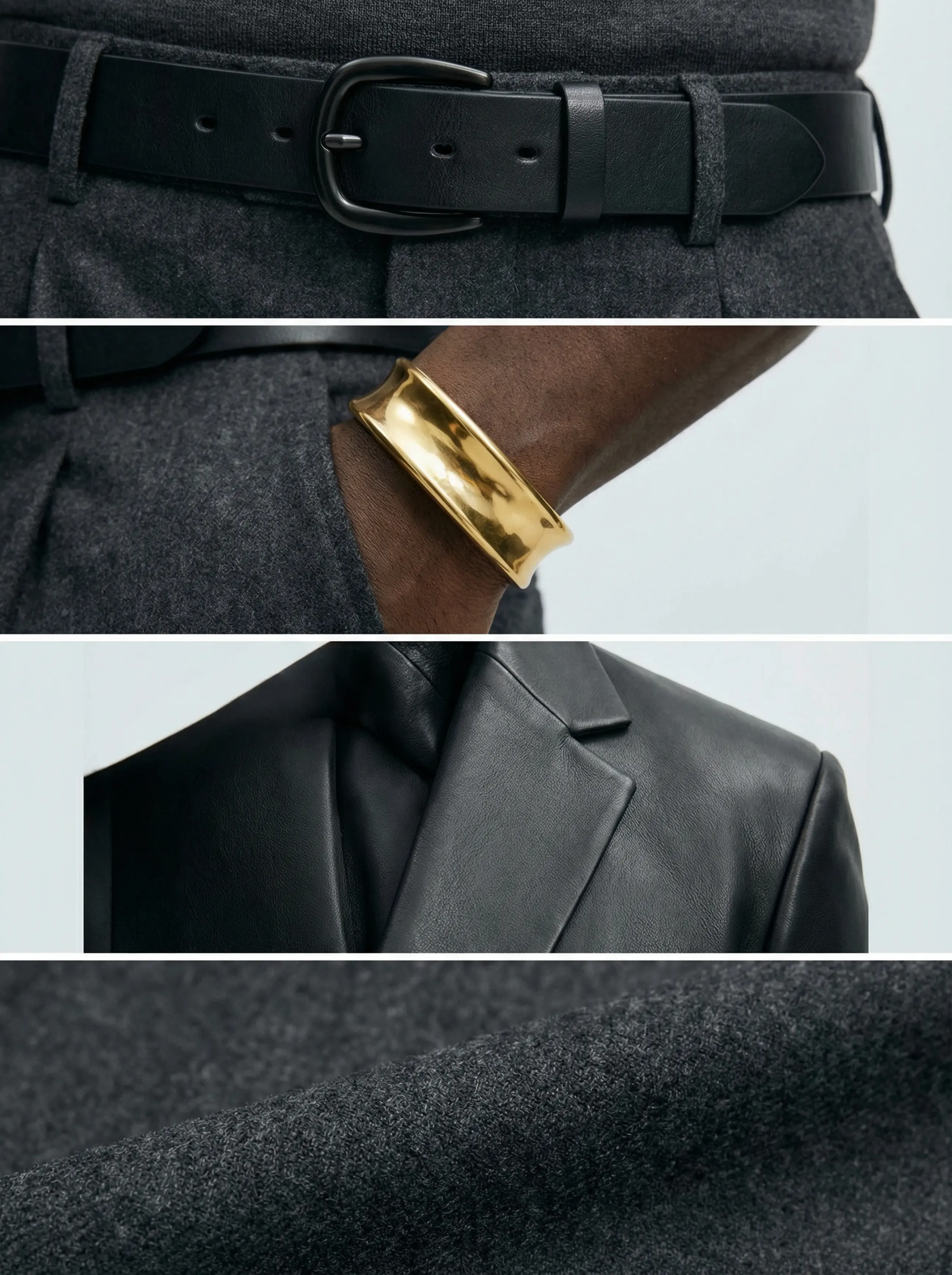 Macro detail of leather grain, belt buckle and gold cuff on a men's outfit