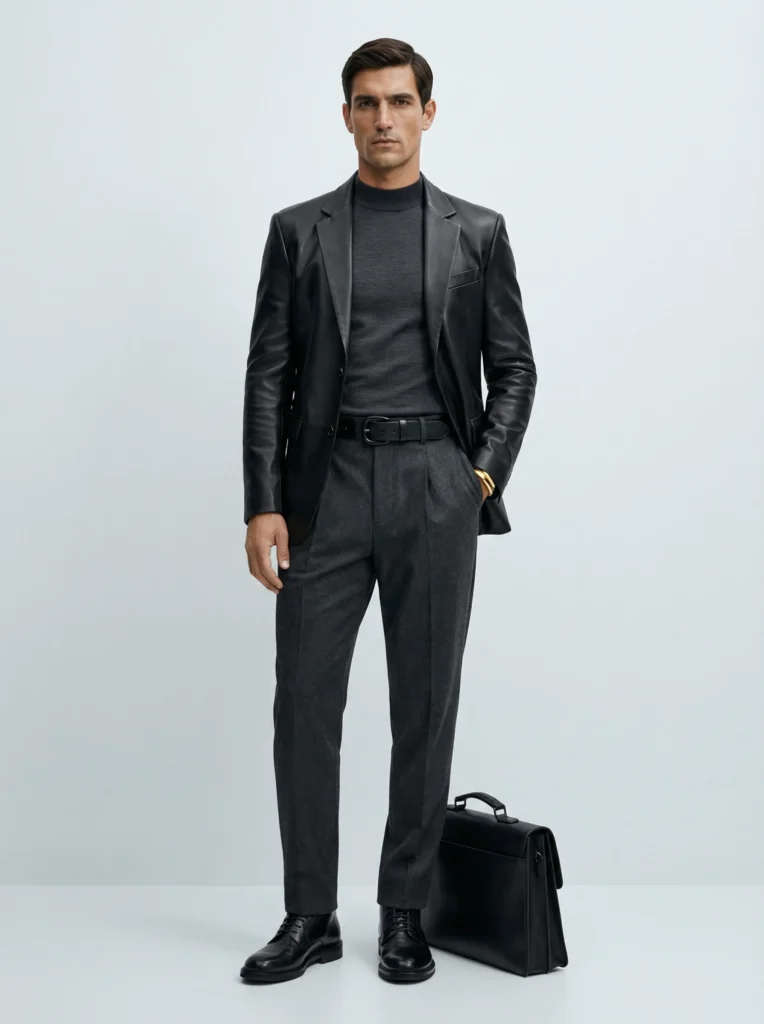Man in structured leather blazer, charcoal mock-neck, pleated wool trousers, chunky belt and gold cuff in clean studio lighting