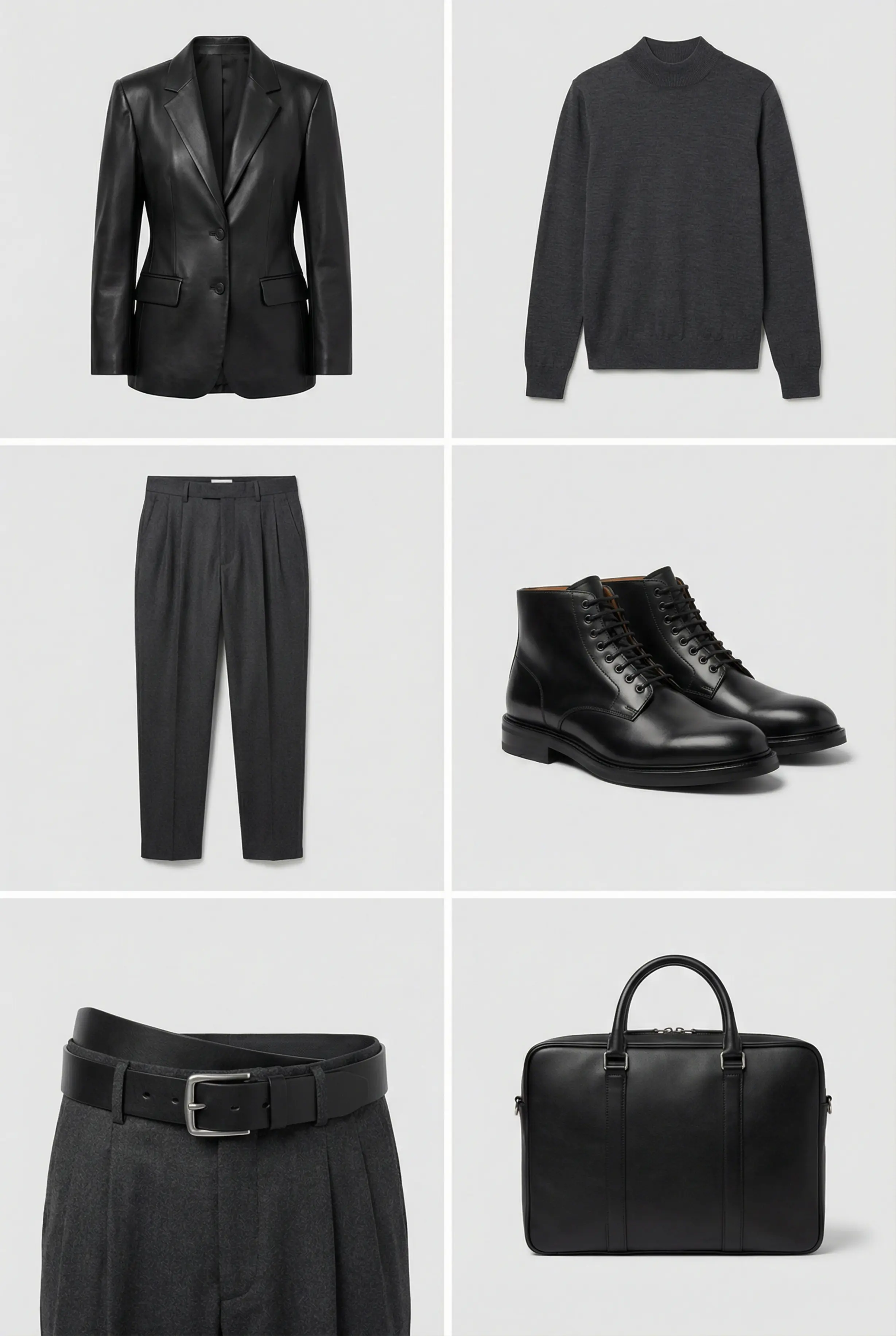 Outfit grid: leather blazer, mock-neck, pleated trousers, derby boots, mens belt and leather briefcase