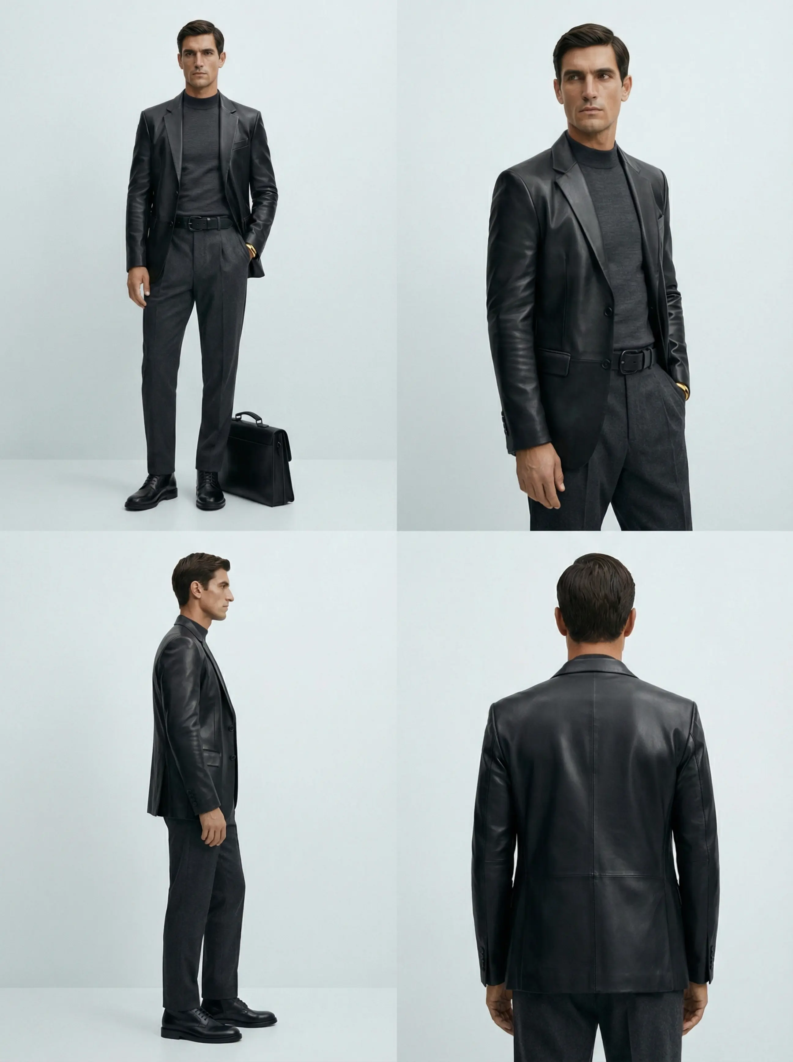 Four-panel contact sheet of a man in a structured leather blazer outfit: front, three-quarter, side, back