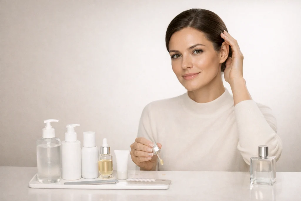 Woman at a minimal vanity applying moisturizer with unbranded skincare and nail essentials for a polished daily routine.