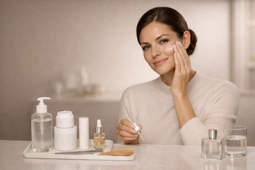 Woman applying night moisturizer at a minimal vanity with unbranded cleanser, lip balm, cuticle oil, and hand cream for a simple evening routine.