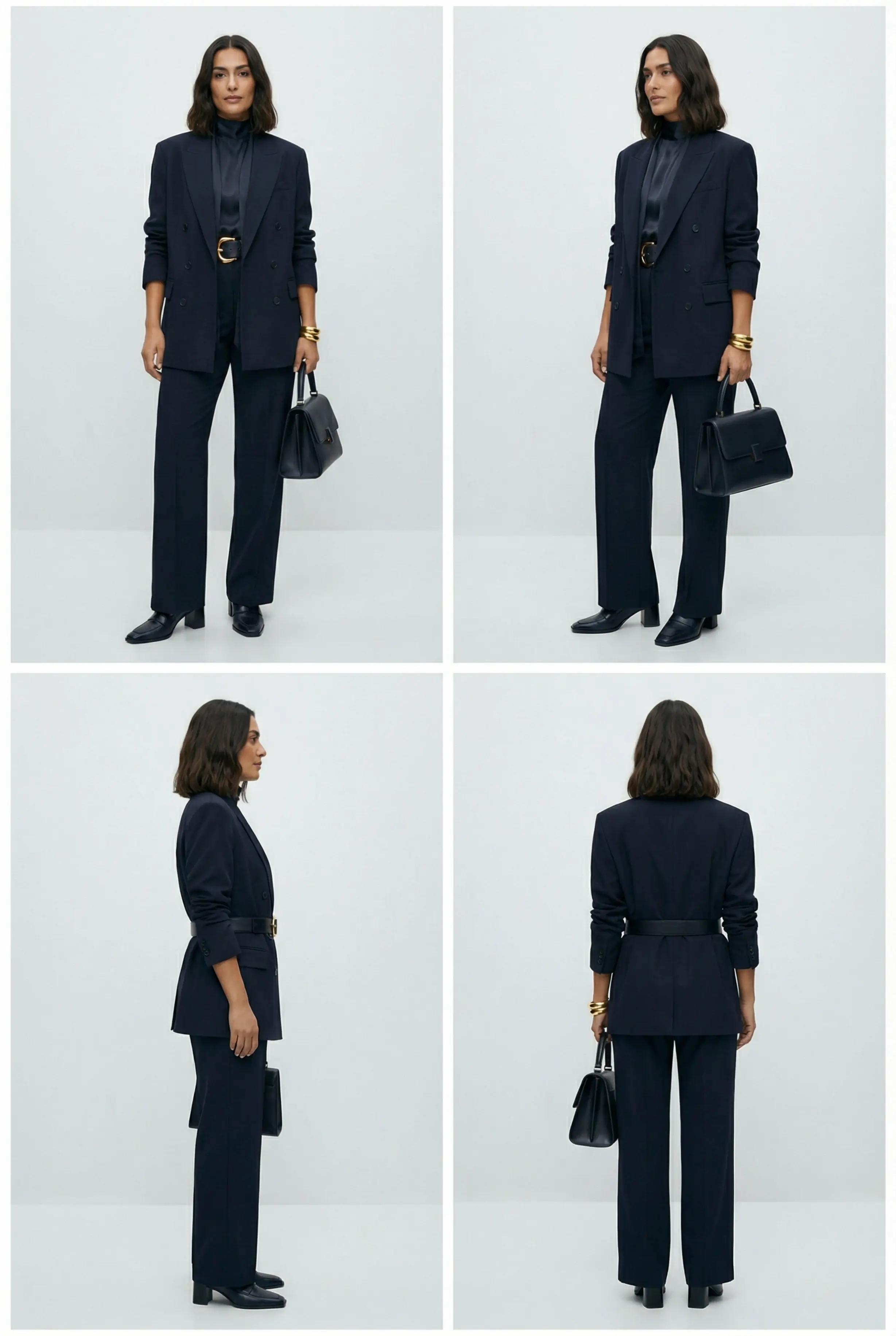 Contact sheet: front, 3/4, side, and back full-body views of the baggy blazer outfit cinched with a chunky gold belt.