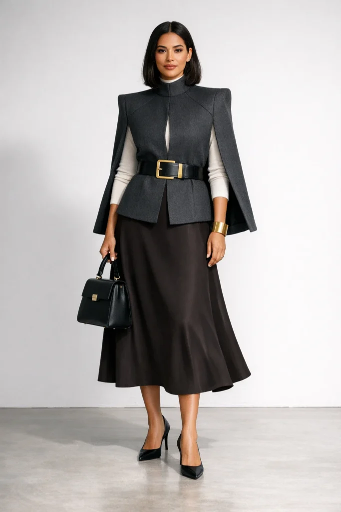 Full-body editorial of a woman in a charcoal high-neck cape blazer belted over an ivory mock neck and espresso midi skirt with black pumps.