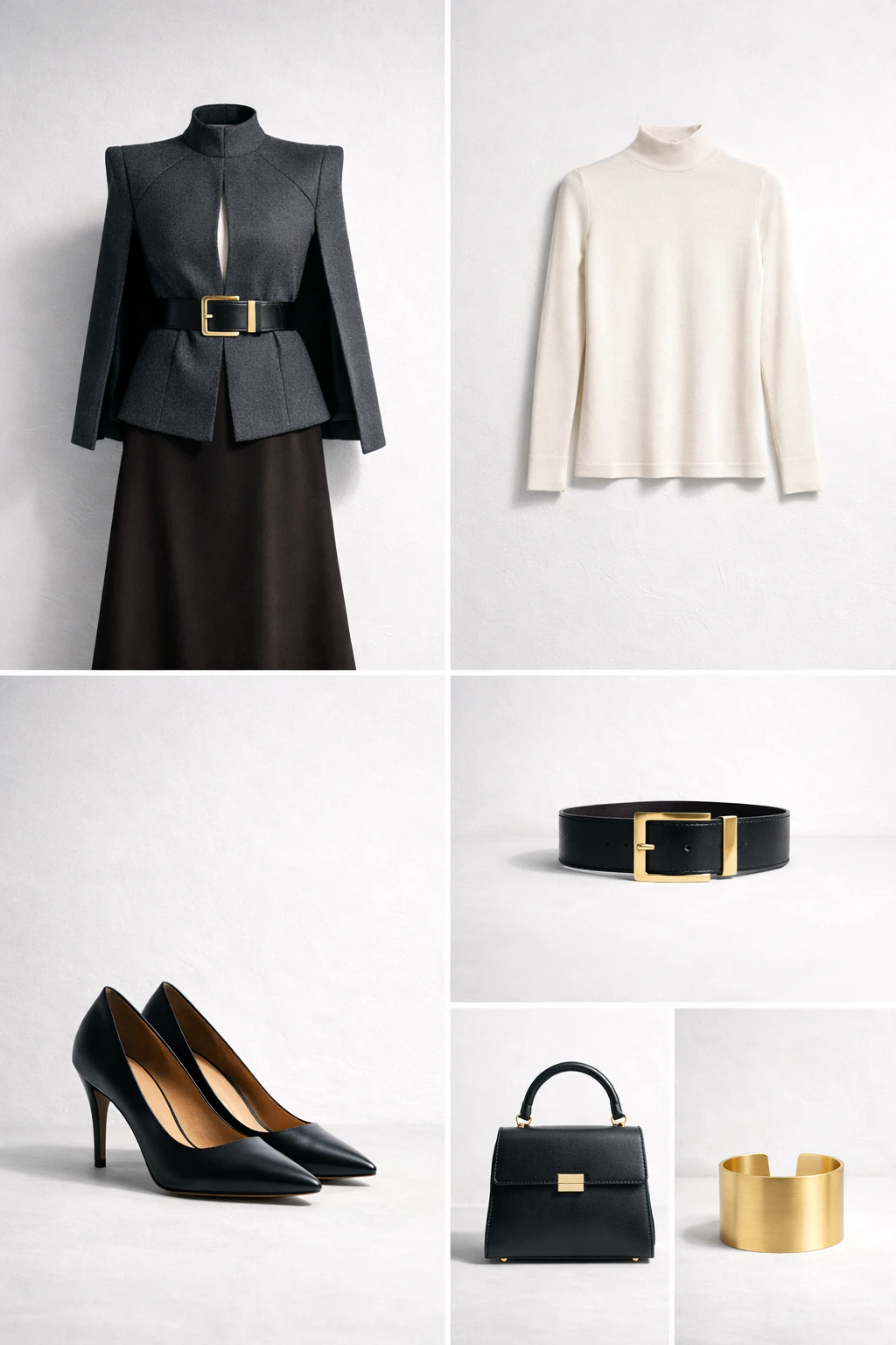 Outfit grid showing a charcoal high-neck cape blazer, ivory mock neck top, espresso midi skirt, chunky belt, black pumps, structured bag, and gold cuff.