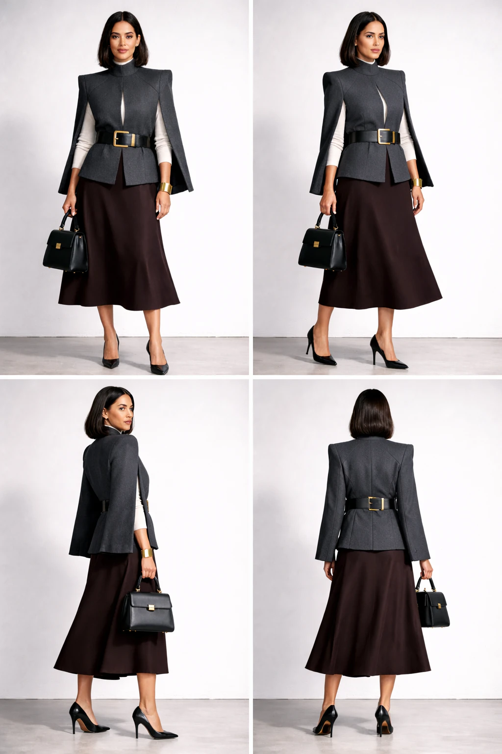 2x2 contact sheet showing front, 3/4, side, and back views of a belted high-neck cape blazer outfit with an espresso midi skirt.