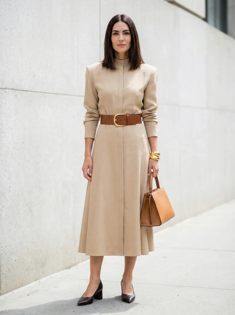 Full-body shot of a woman in a belted silk shirt dress with sculpted shoulders, chunky belt and gold cuff.