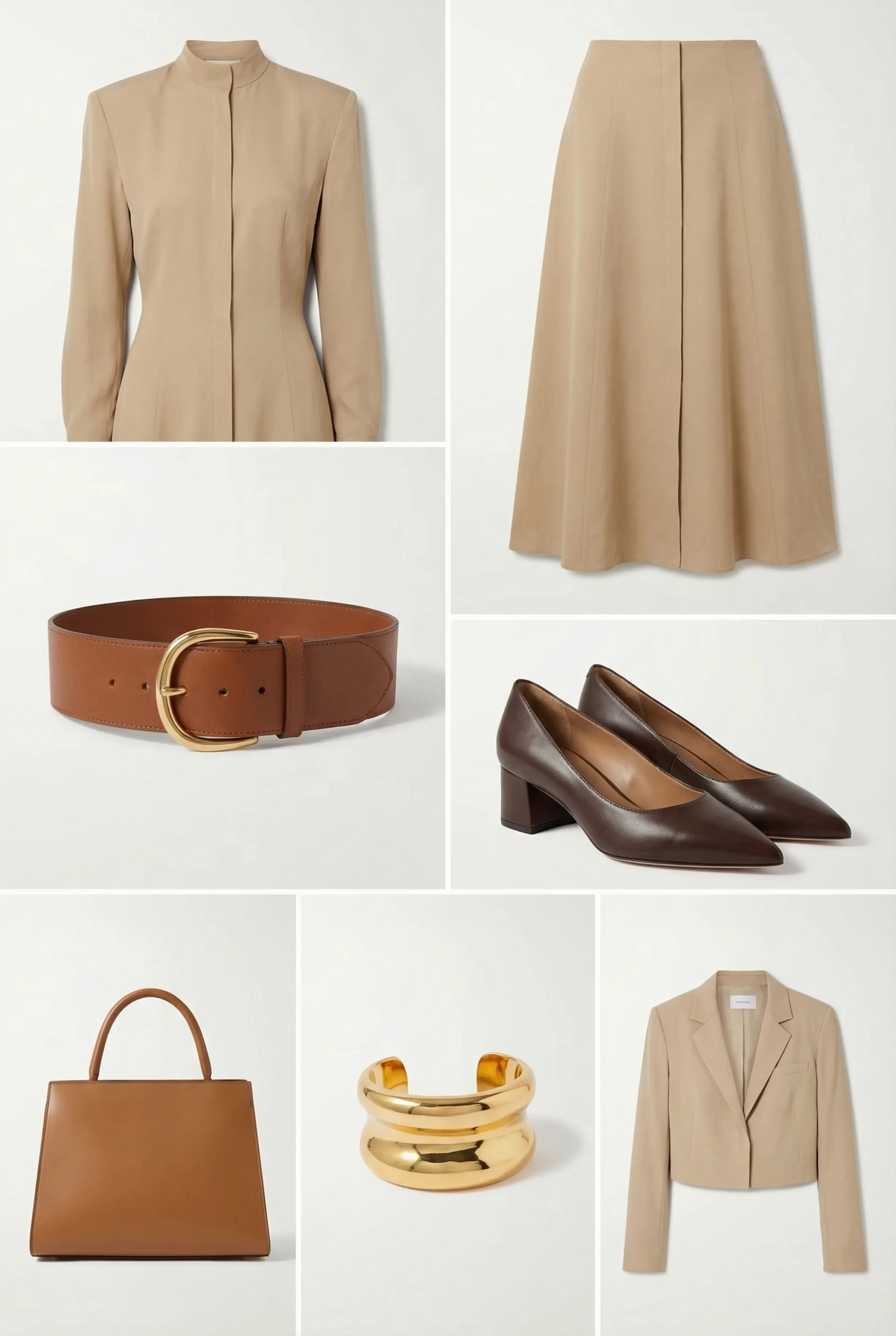2:3 outfit grid showing silk shirt dress, chunky belt, heels, bag, cuff and optional blazer.