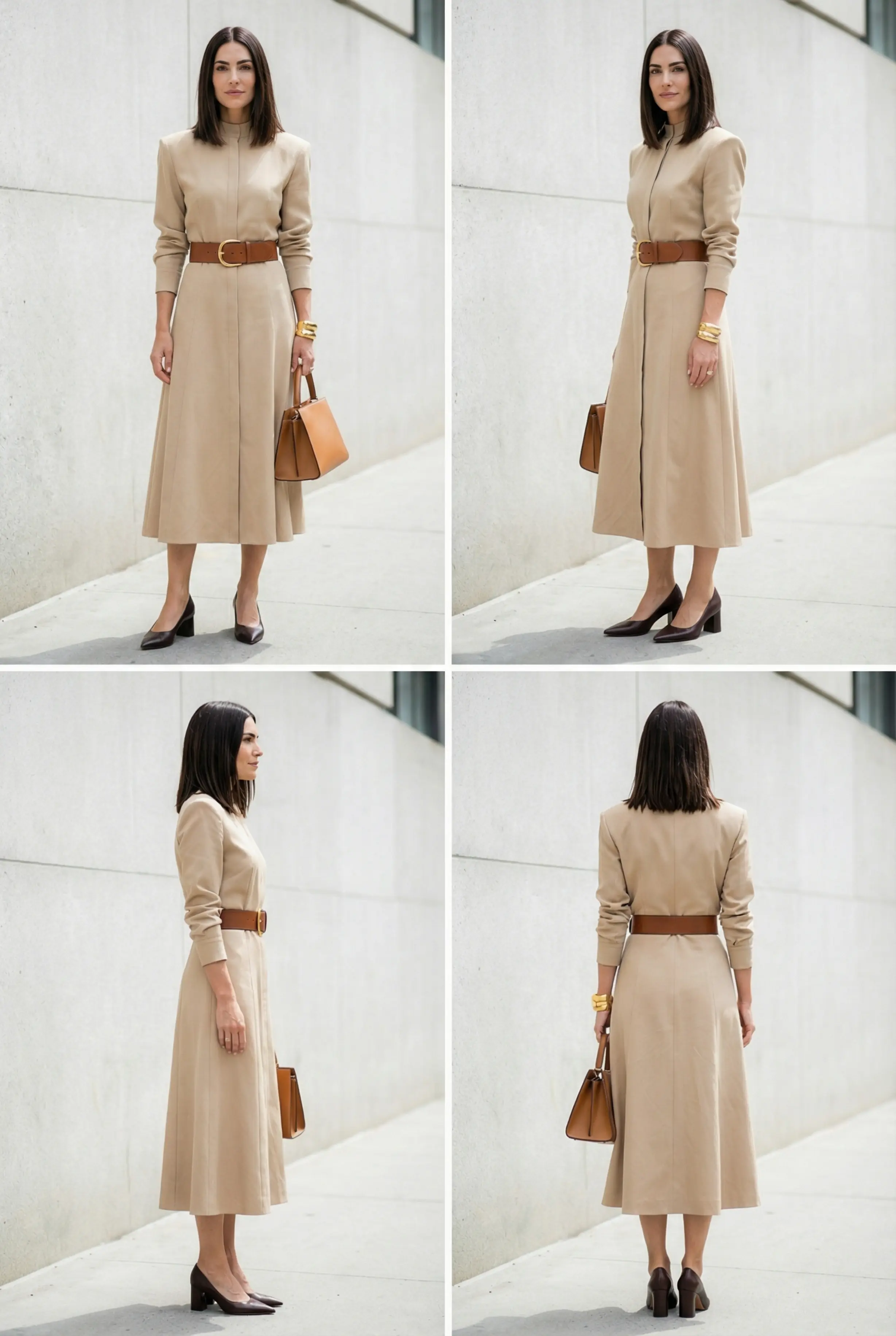 Contact-sheet with front, 3/4, side and back full-body views of the belted silk shirt dress outfit.