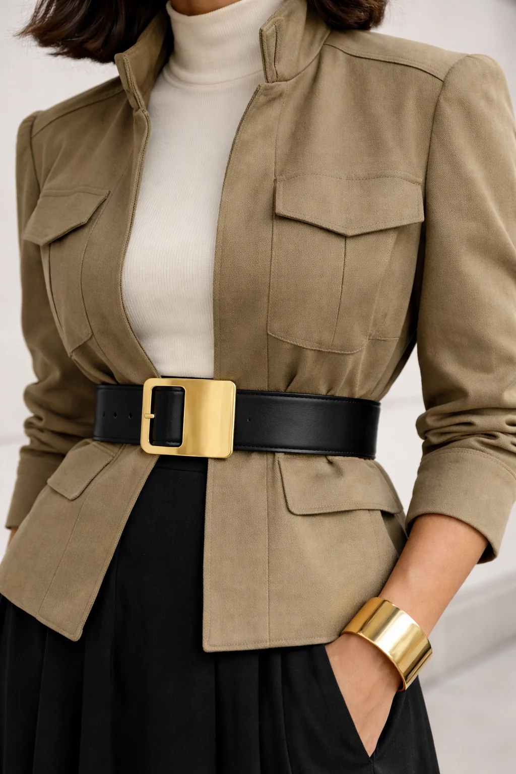 Macro close-up of brushed gold belt buckle over a stone utility jacket, with ivory mock-neck collar and a bold gold cuff visible.