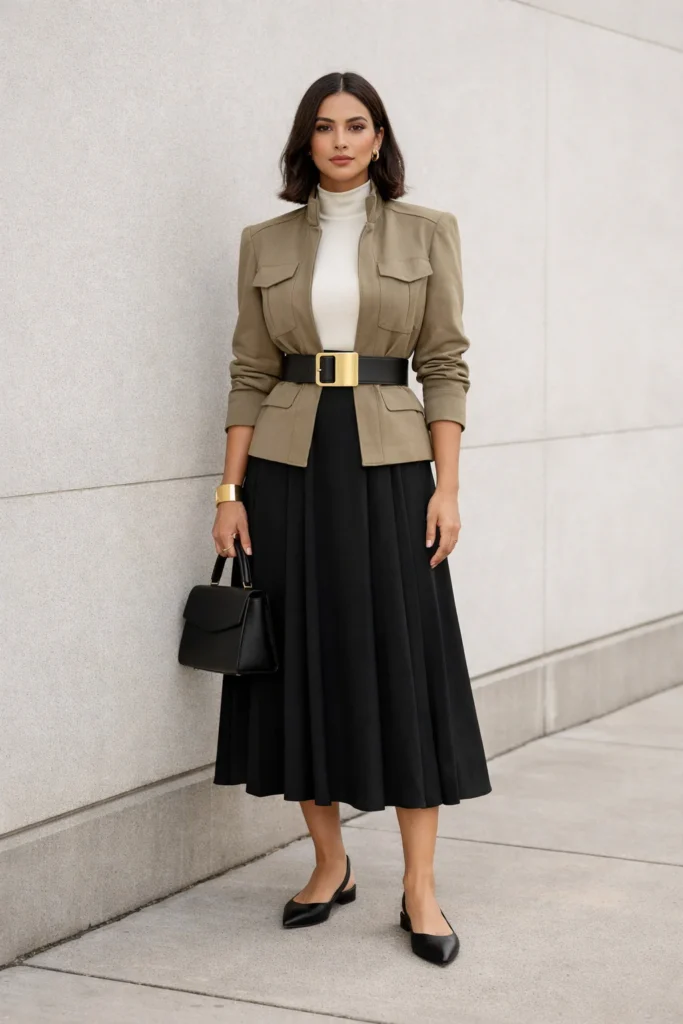 Woman wearing stone khaki utility jacket with gold buckle belt and black pleated midi skirt, full body fashion editorial against light concrete wall