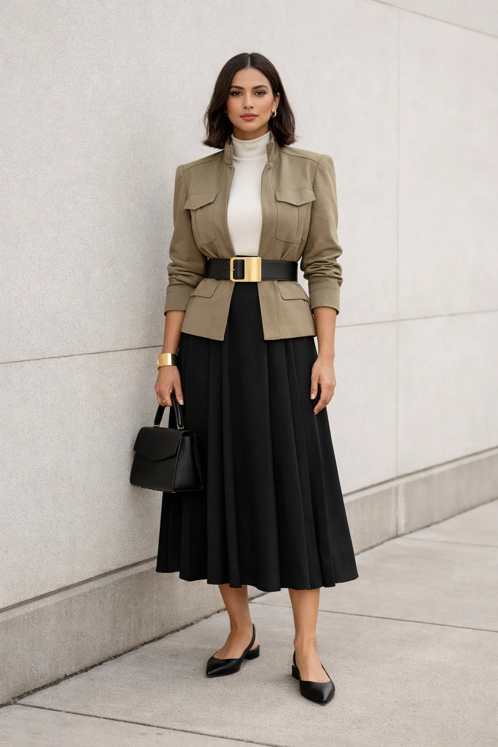 Full-body look with stone high-collar utility jacket, ivory mock-neck top, black fluid midi skirt, pointed slingback flats, gold cuff, and belt.