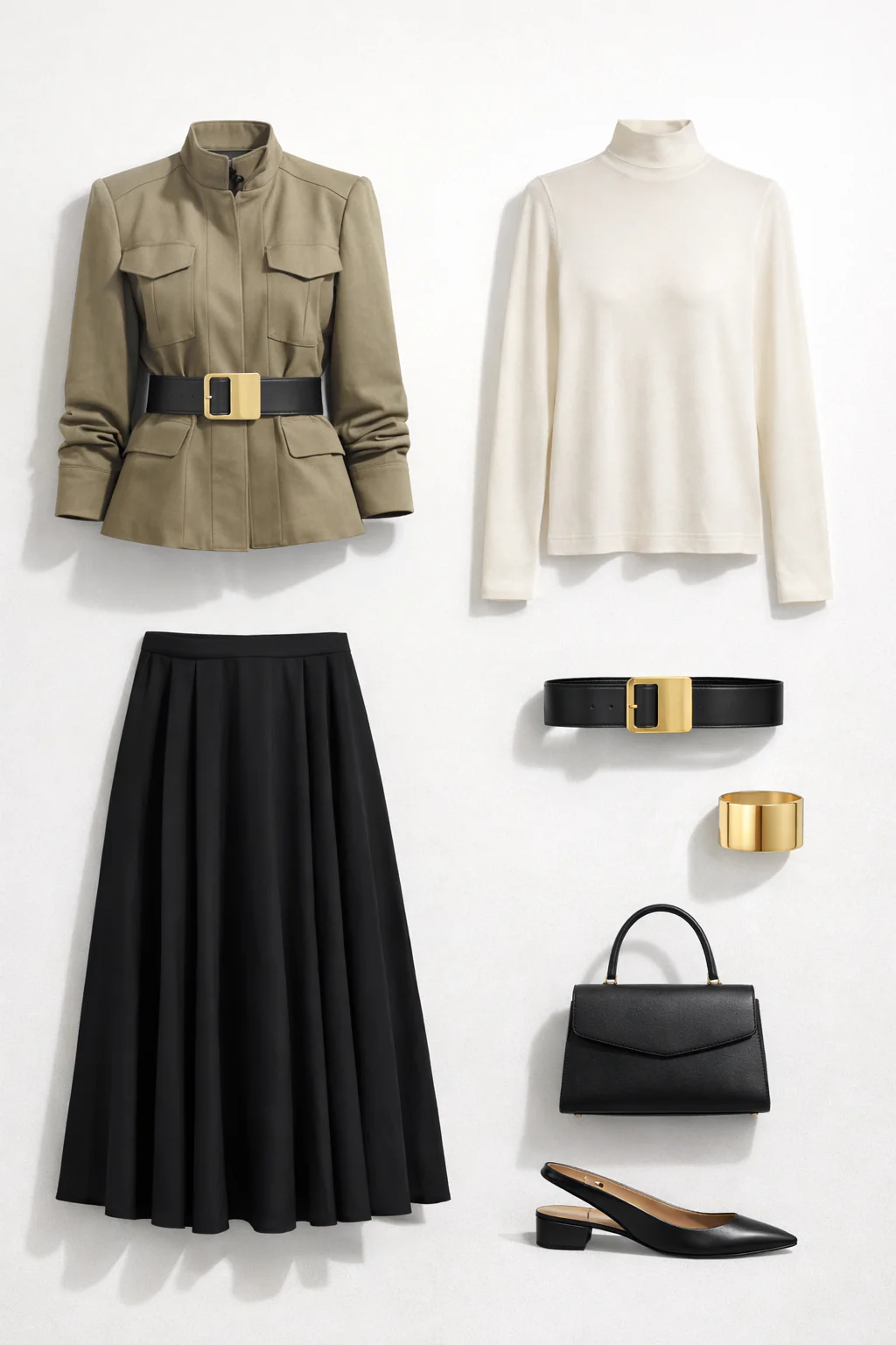 Outfit grid showing high-collar utility jacket, ivory mock-neck top, black midi skirt, pointed slingback flats, structured bag, and gold-buckle belt with cuff.
