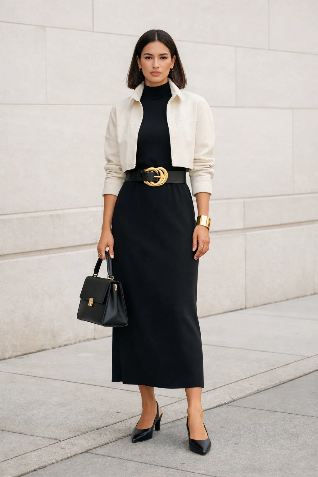 Elegant woman wearing a black high-neck column midi dress with chunky gold buckle belt, ivory cropped jacket and slingback heels in minimalist city editorial style