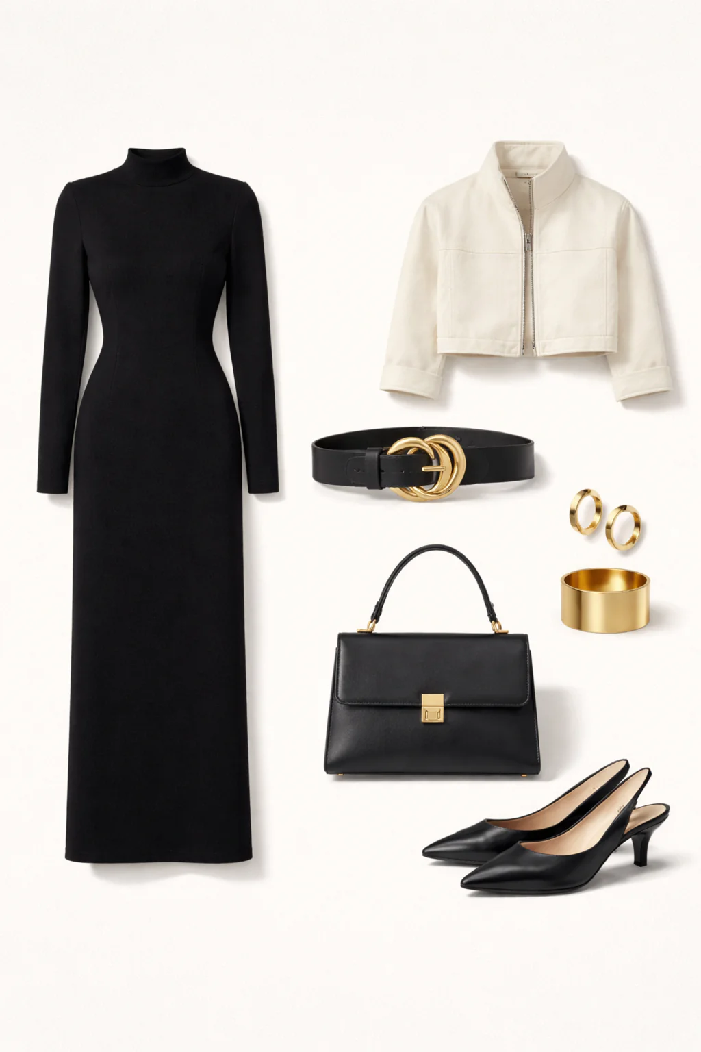 Outfit grid showing black high-neck column midi dress, chunky belt, ivory cropped jacket, black slingbacks, structured bag, and gold cuff with hoops.