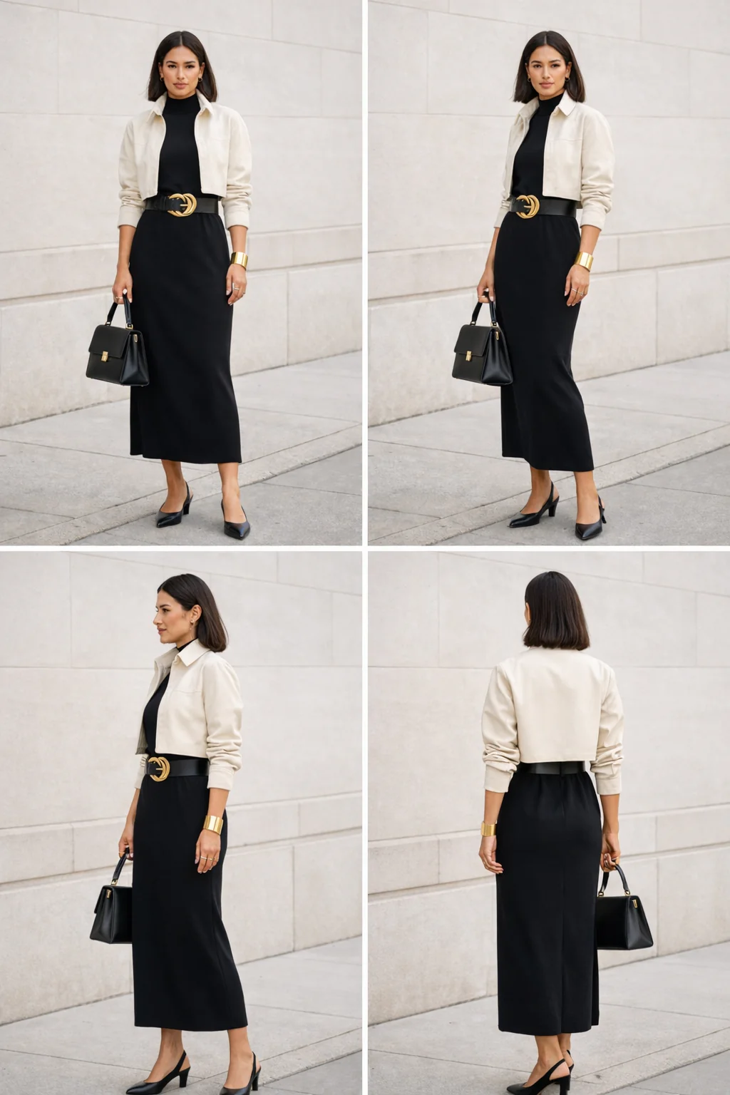 2x2 contact sheet of the same outfit shown front, 3/4, side, and back: black high-neck column midi with chunky belt, ivory cropped jacket, slingbacks, gold accents.