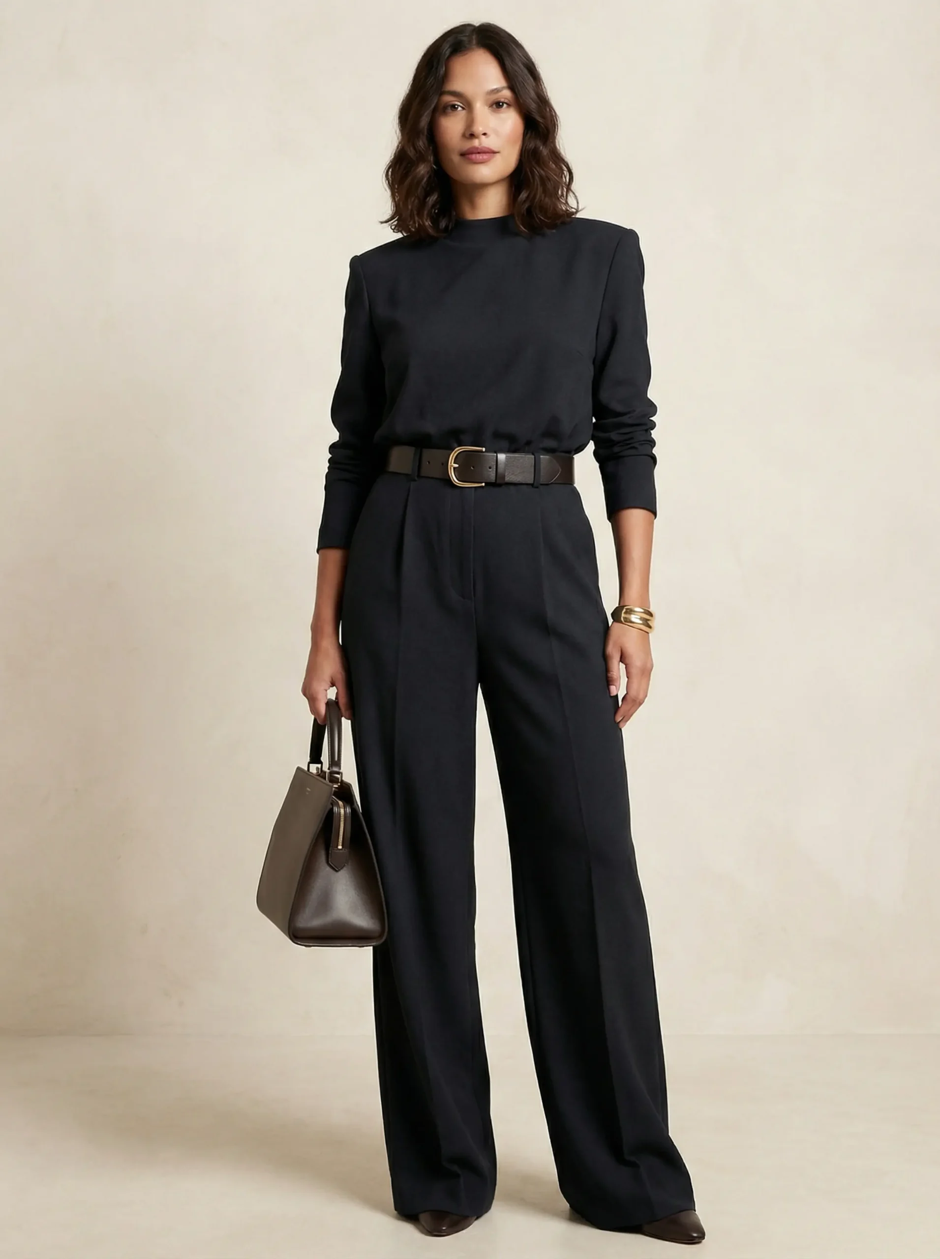 Copy This: Tailored Long-Sleeve Jumpsuit with Sculpted Shoulders and Statement Belt
