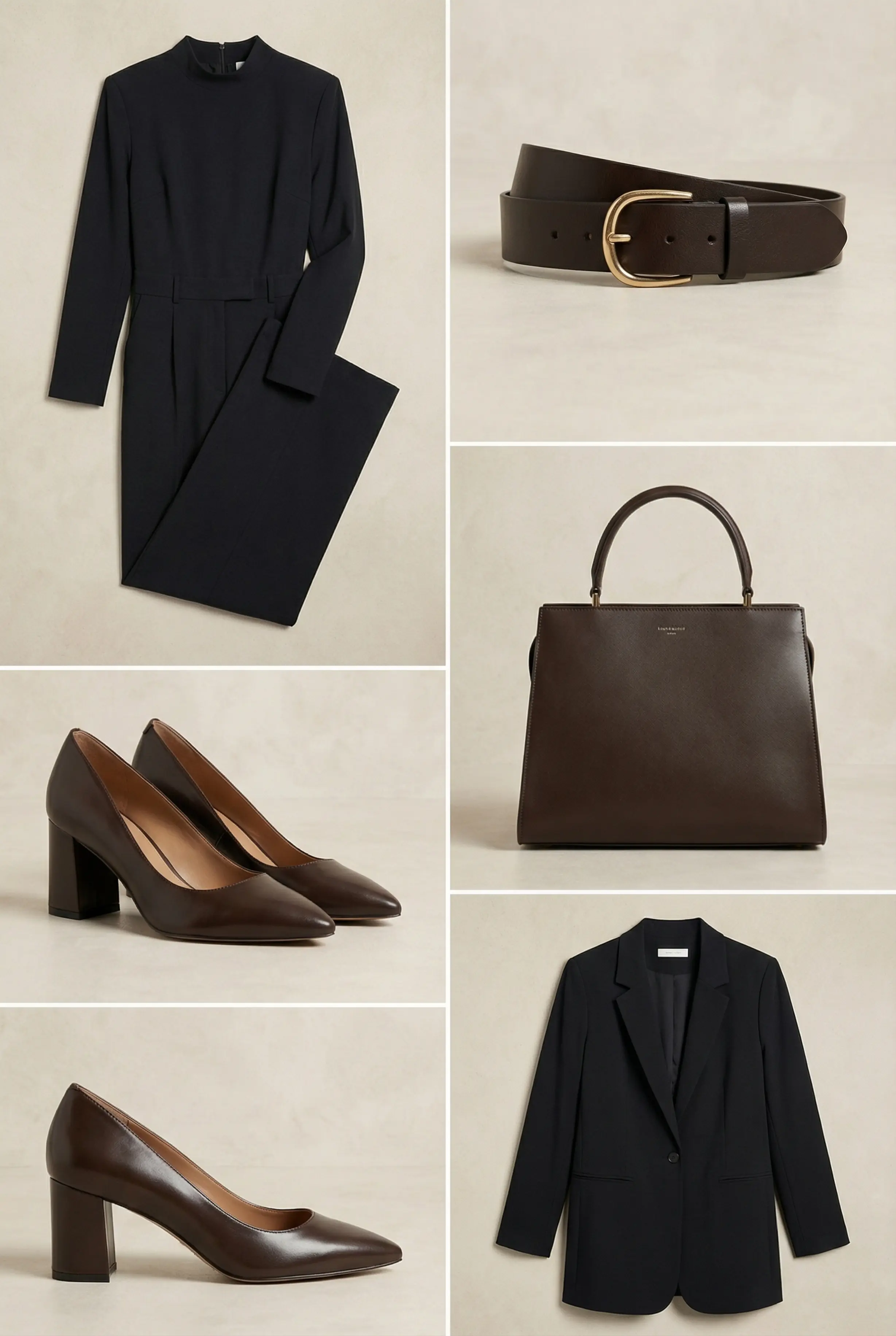 Outfit grid: jumpsuit, chunky belt, block-heel pumps, blazer, and structured bag laid out on a clean background.
