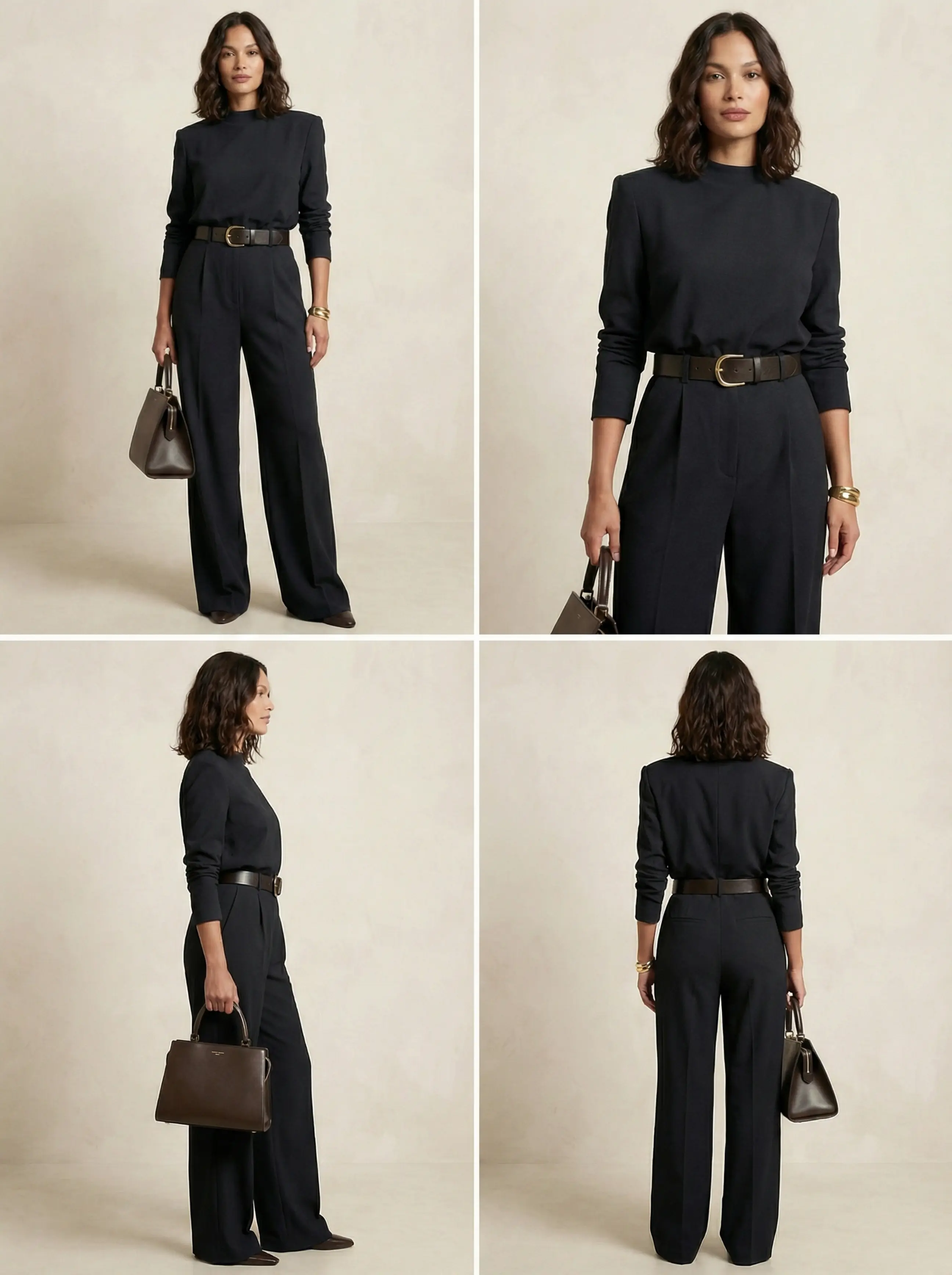 2x2 contact sheet: front, 3/4, side and back views of woman in tailored long-sleeve jumpsuit with chunky belt.