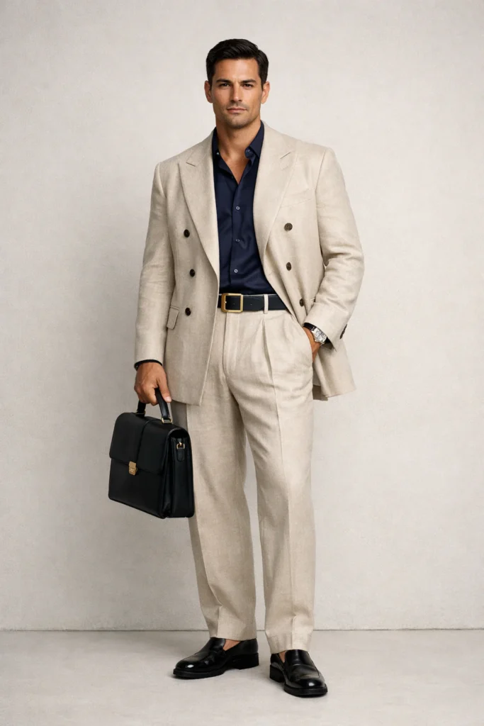 Full-length portrait of a man in a double-breasted linen suit and satin shirt, styled with loafers and leather belt
