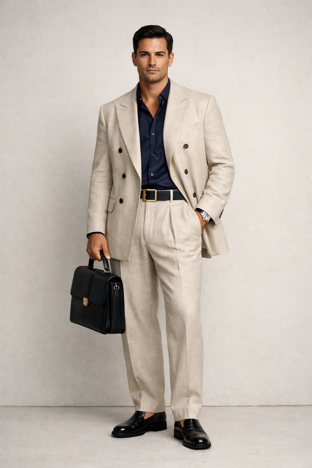 Full-length portrait of a man in a double-breasted linen suit and satin shirt, styled with loafers and leather belt