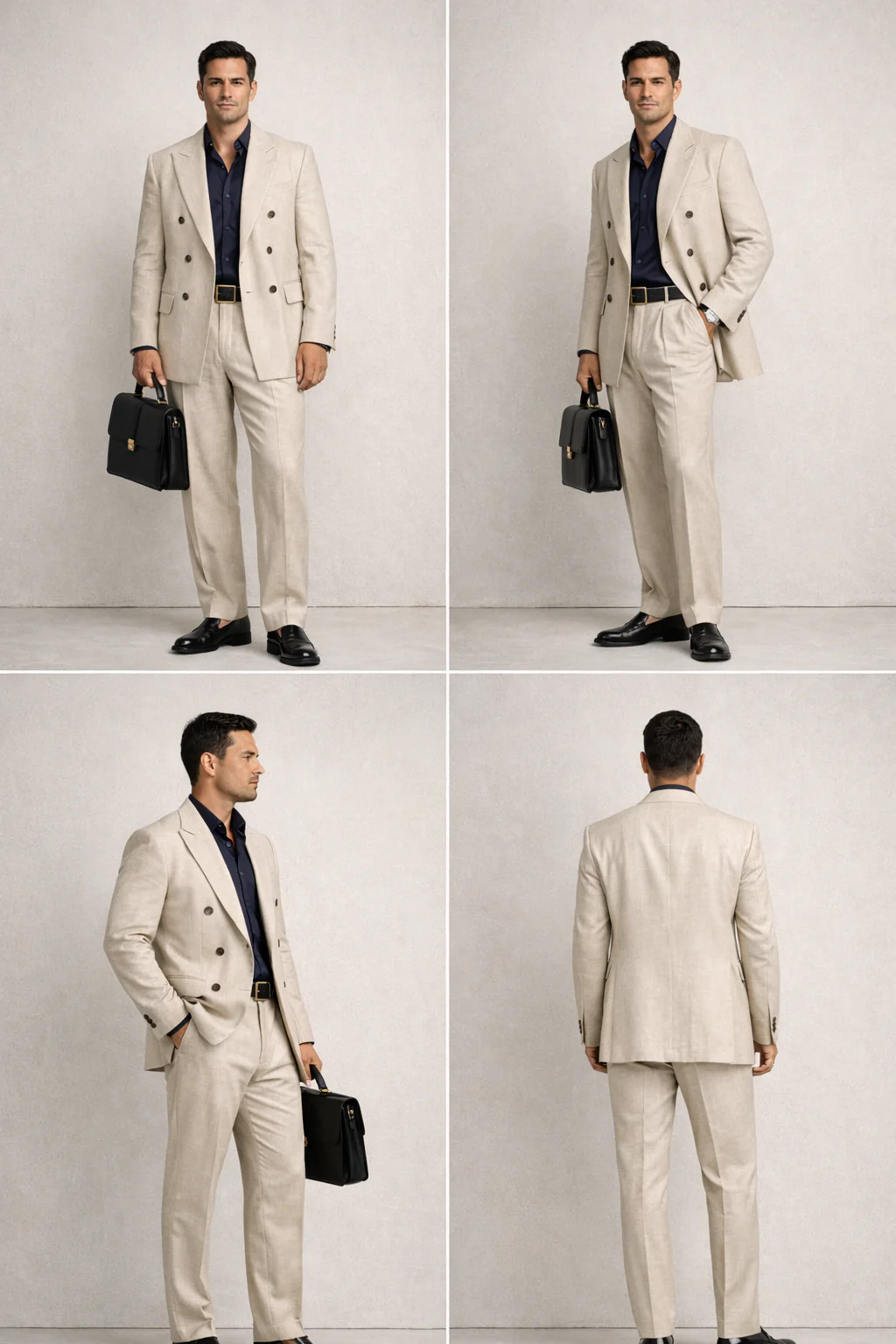 Four-panel contact sheet of a man in a double-breasted linen suit showing front, three-quarter, side, and back views