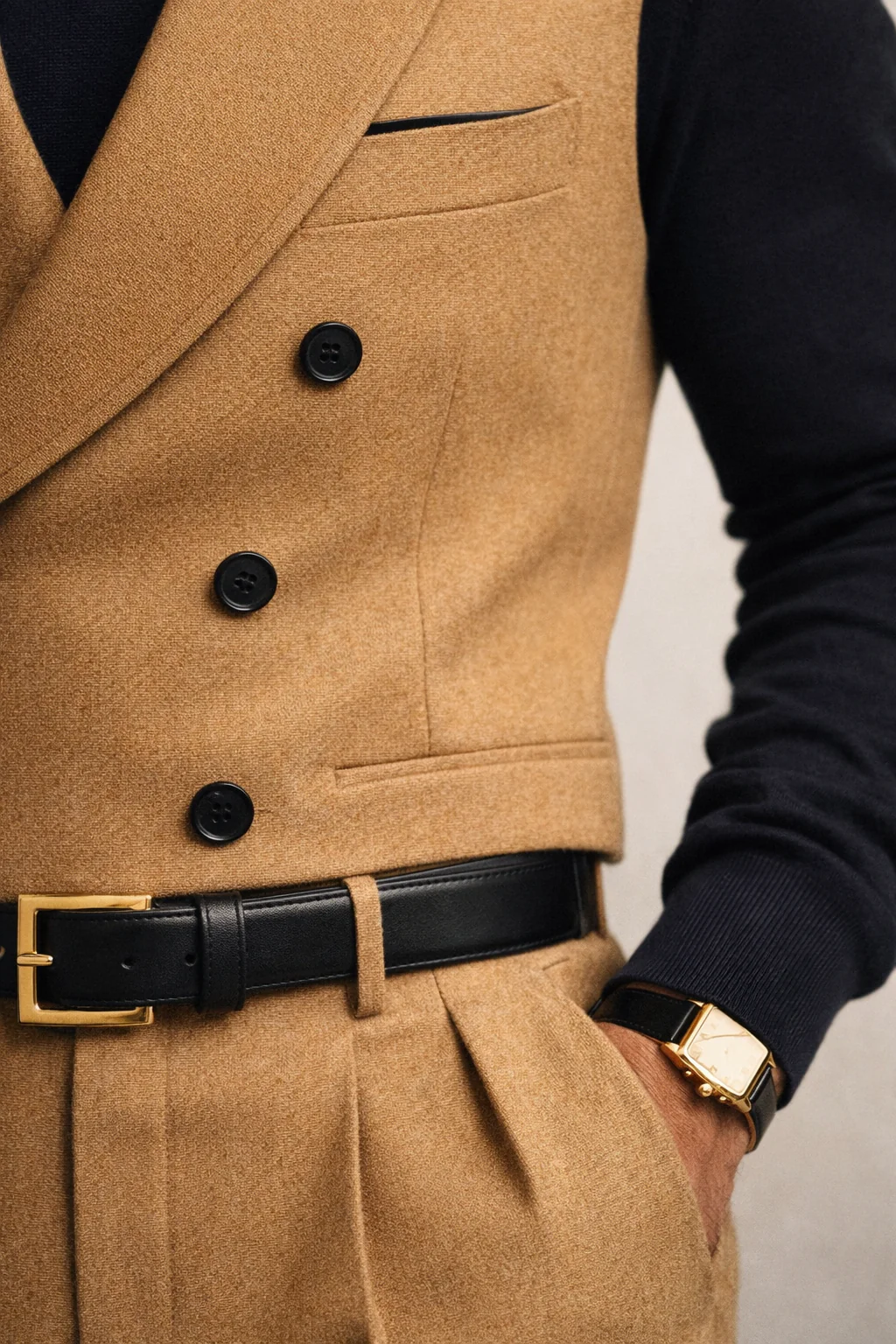 Close-up of waistcoat lapel, satin trim, chunky belt buckle and gold cuff