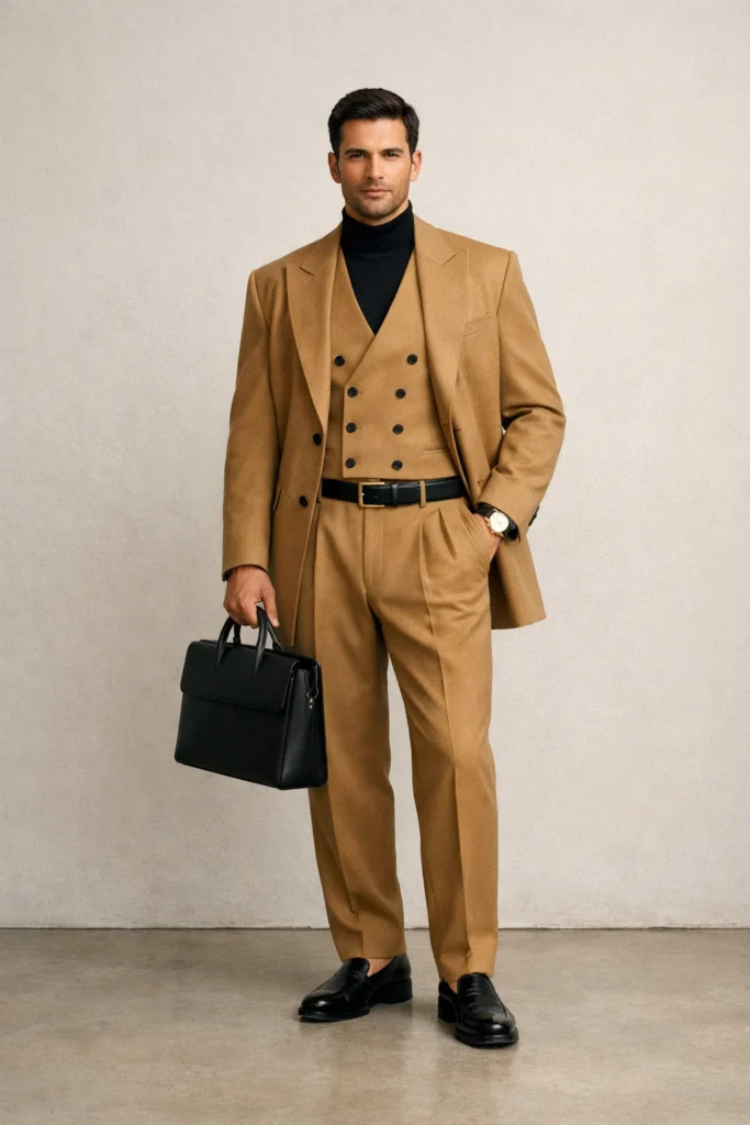 Man wearing double-breasted waistcoat over mock turtleneck with pleated trousers and loafers, studio background