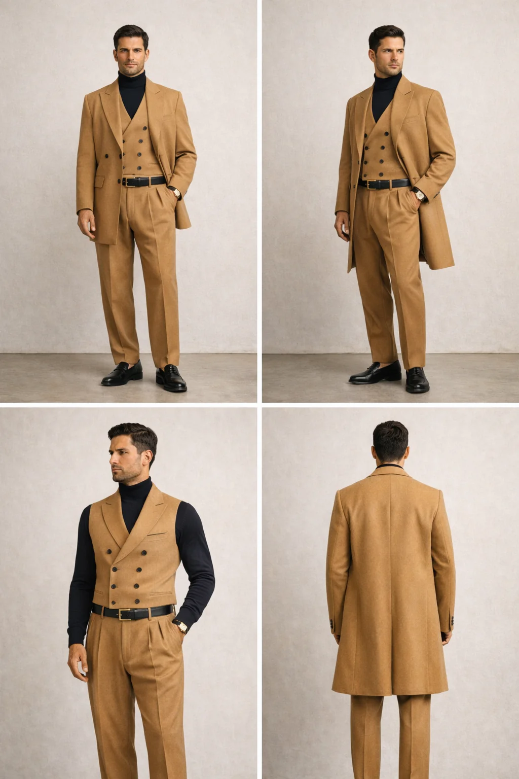 Four-panel contact sheet showing front, three-quarter, side and back views of the double-breasted waistcoat outfit