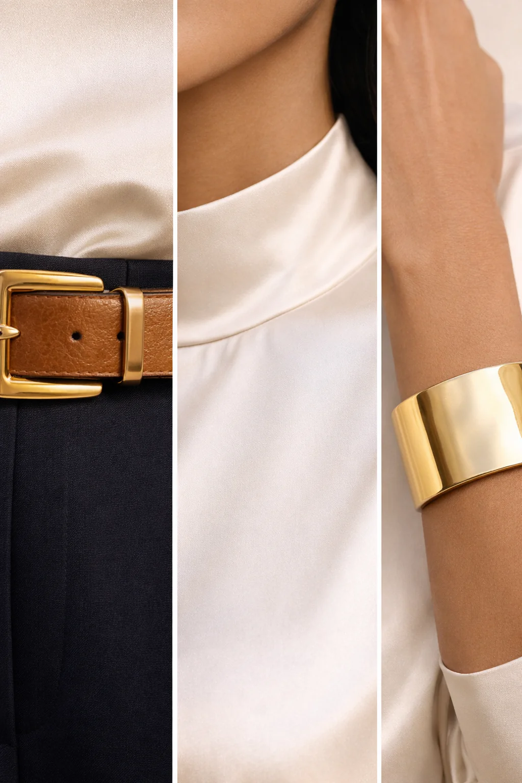 Macro detail of satin neckline, chunky leather belt buckle and gold cuff