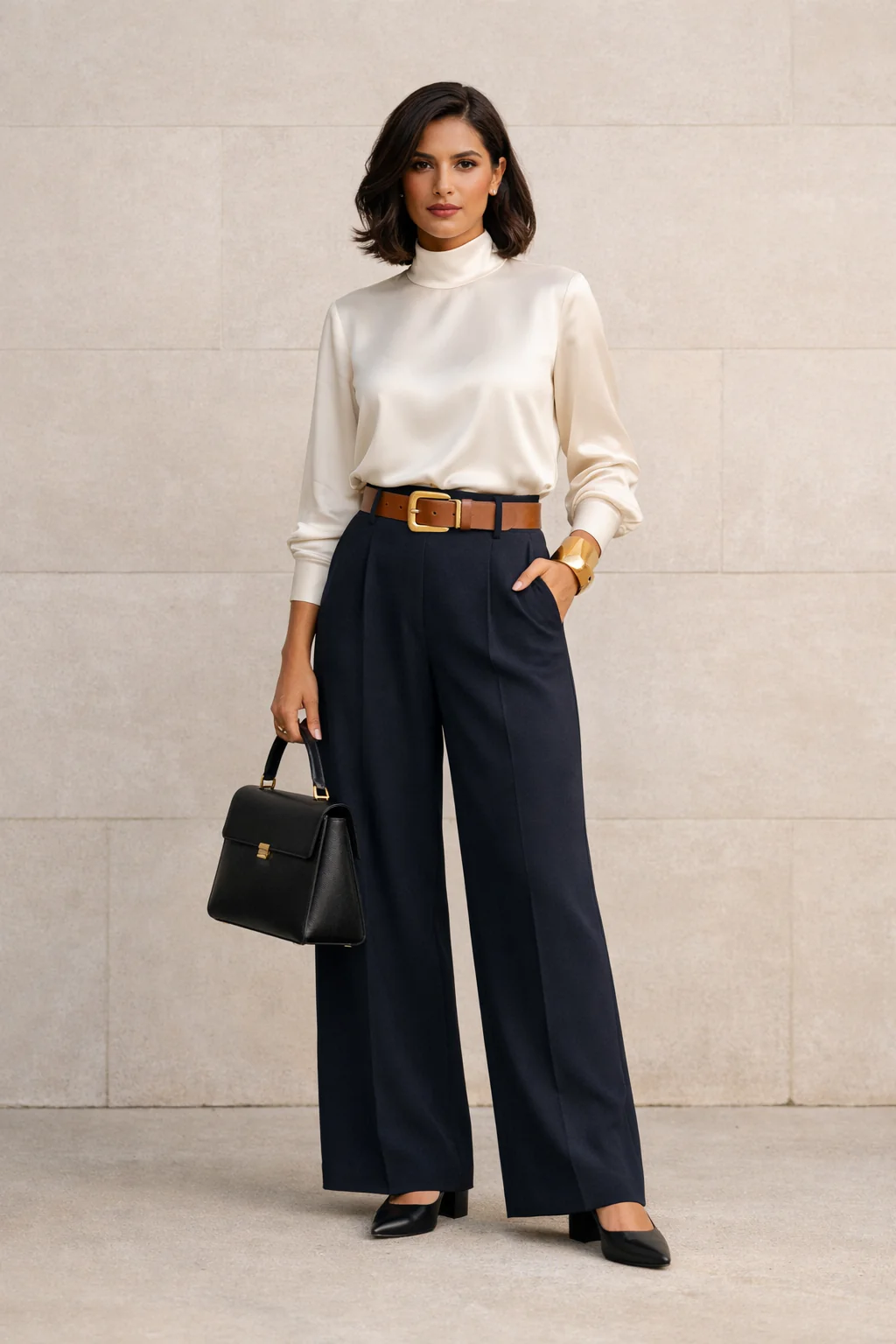 Full-body editorial shot: high-collar satin blouse with wide-leg trousers, chunky belt and gold cuff