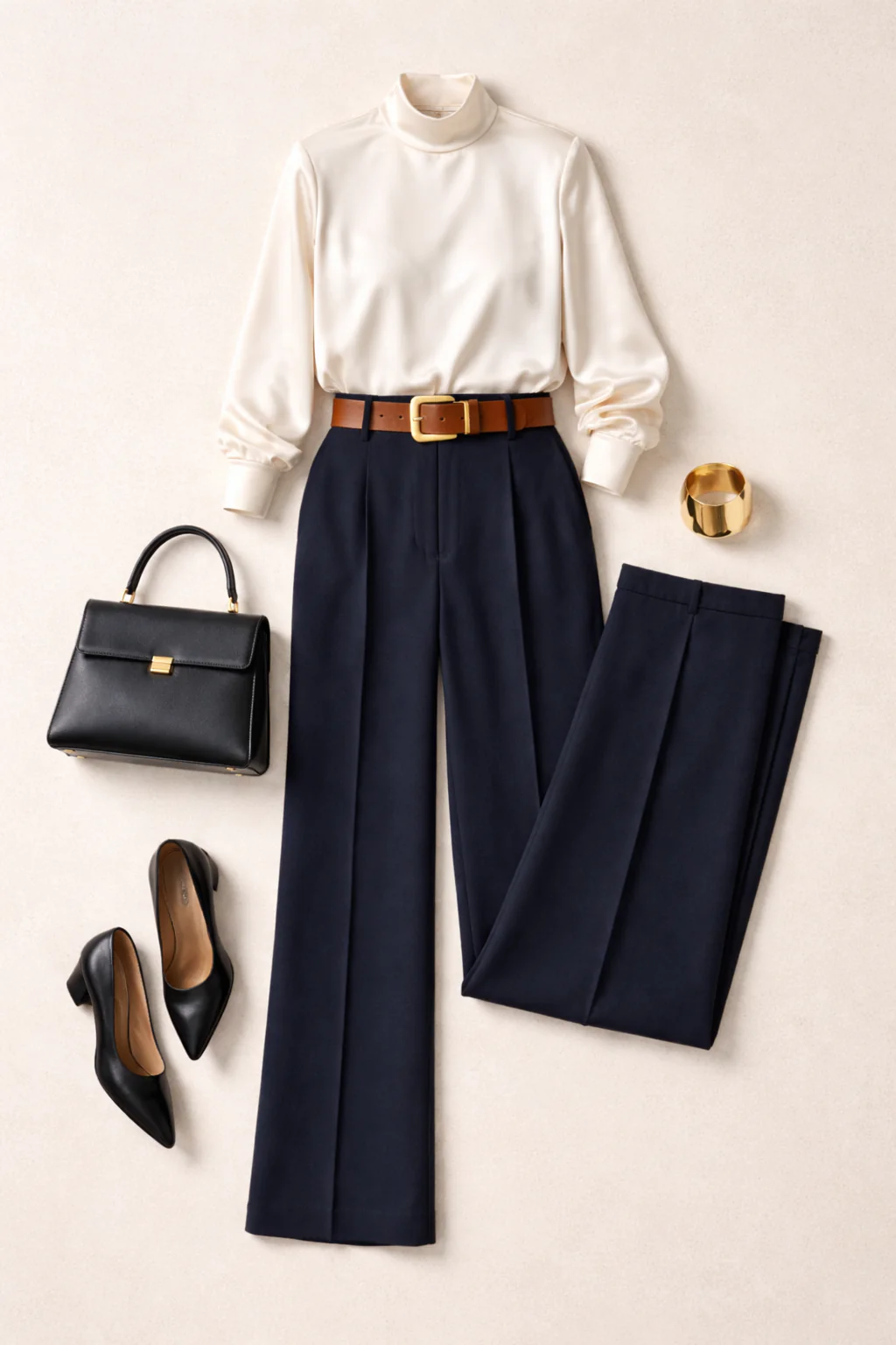 Outfit grid: satin blouse, wide-leg trousers, chunky belt, heels, bag, gold cuff