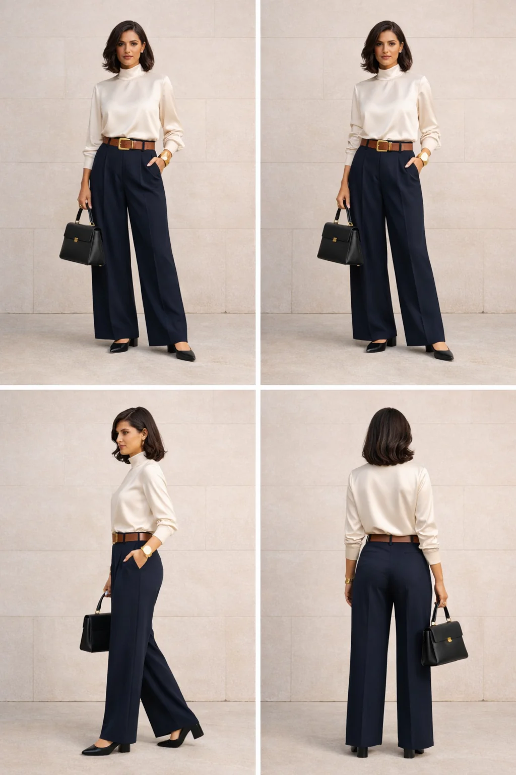 Contact-sheet: front, 3/4, side and back views of high-collar satin blouse outfit