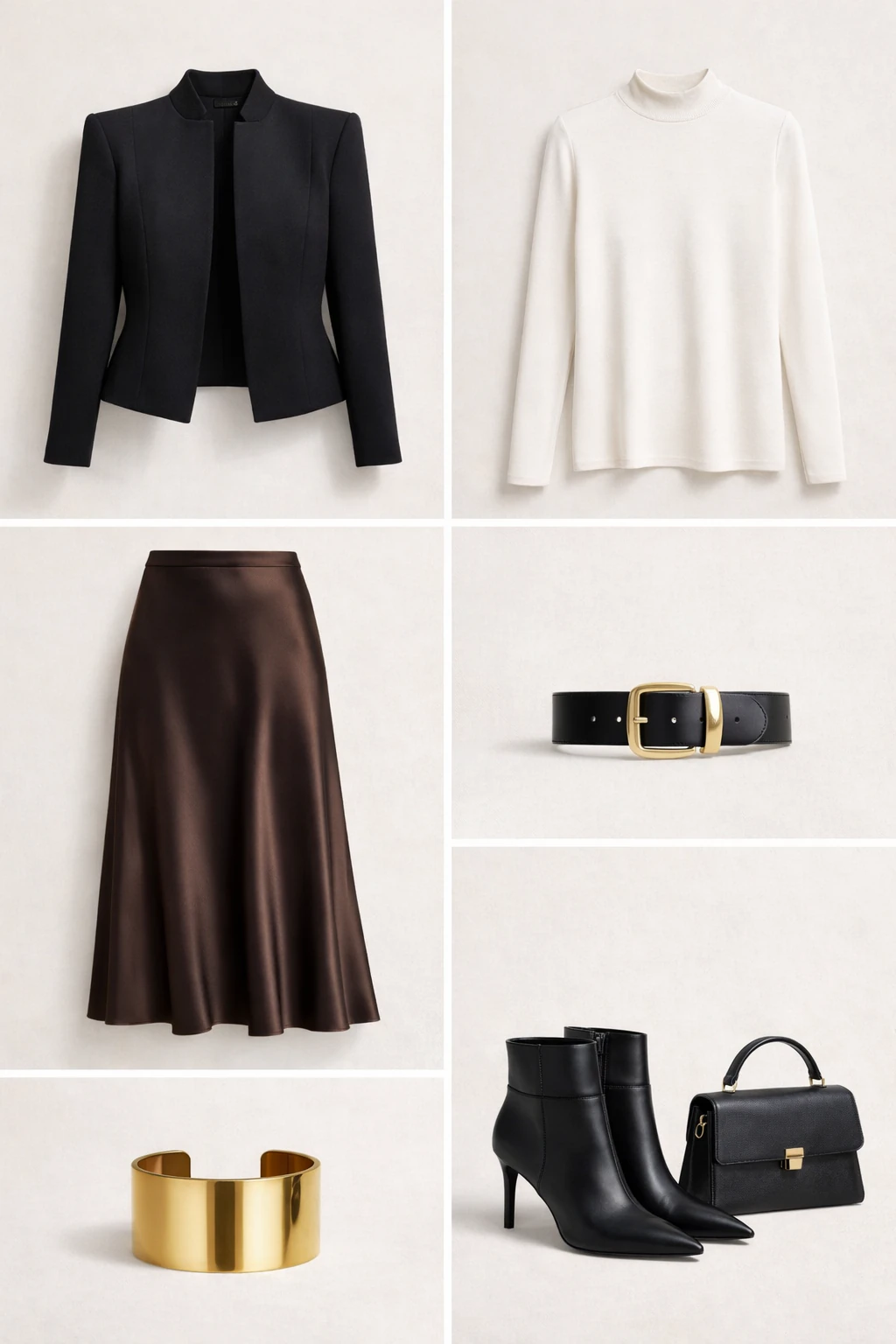 Outfit grid showing high-collar jacket, ivory mock neck, espresso satin midi skirt, chunky belt, gold cuff, black boots, and structured bag.
