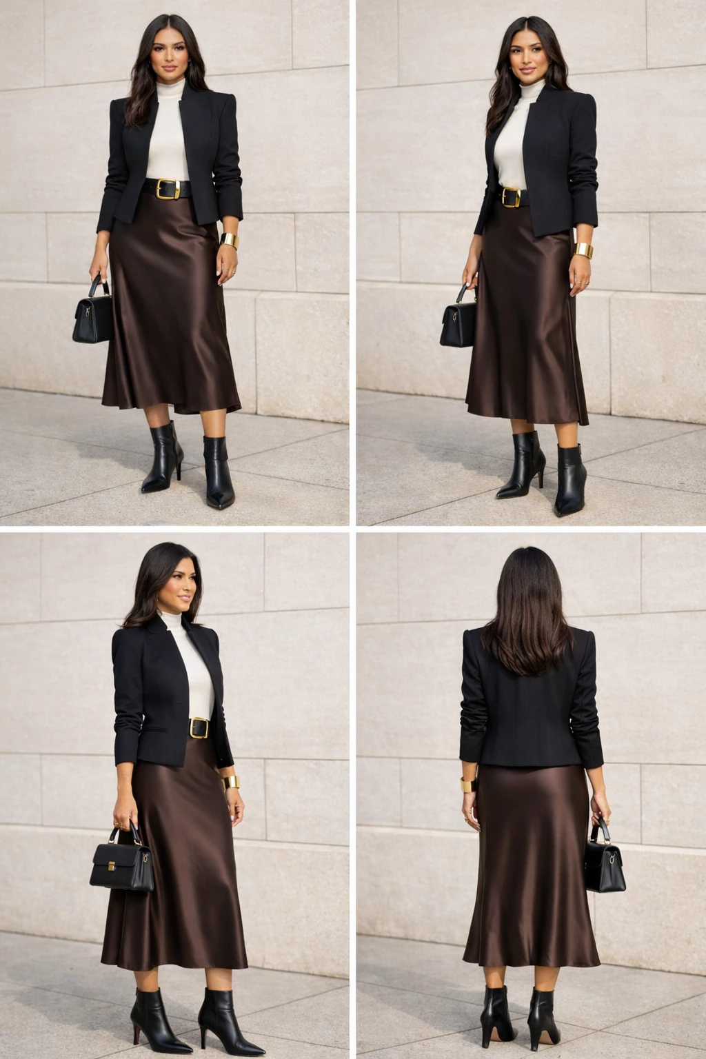 2x2 contact sheet showing the same high-collar jacket and satin midi outfit from front, 3/4, side, and back views against a clean wall.