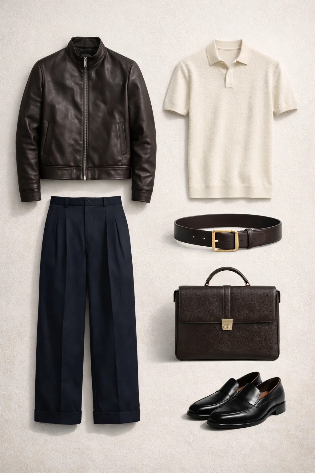 Six-item outfit grid showing leather jacket, knit polo, pleated trousers, loafers, chunky belt, and leather messenger