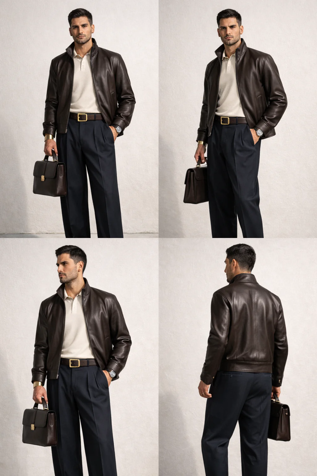 Four-panel contact sheet showing front, three-quarter, side and back views of the leather jacket outfit
